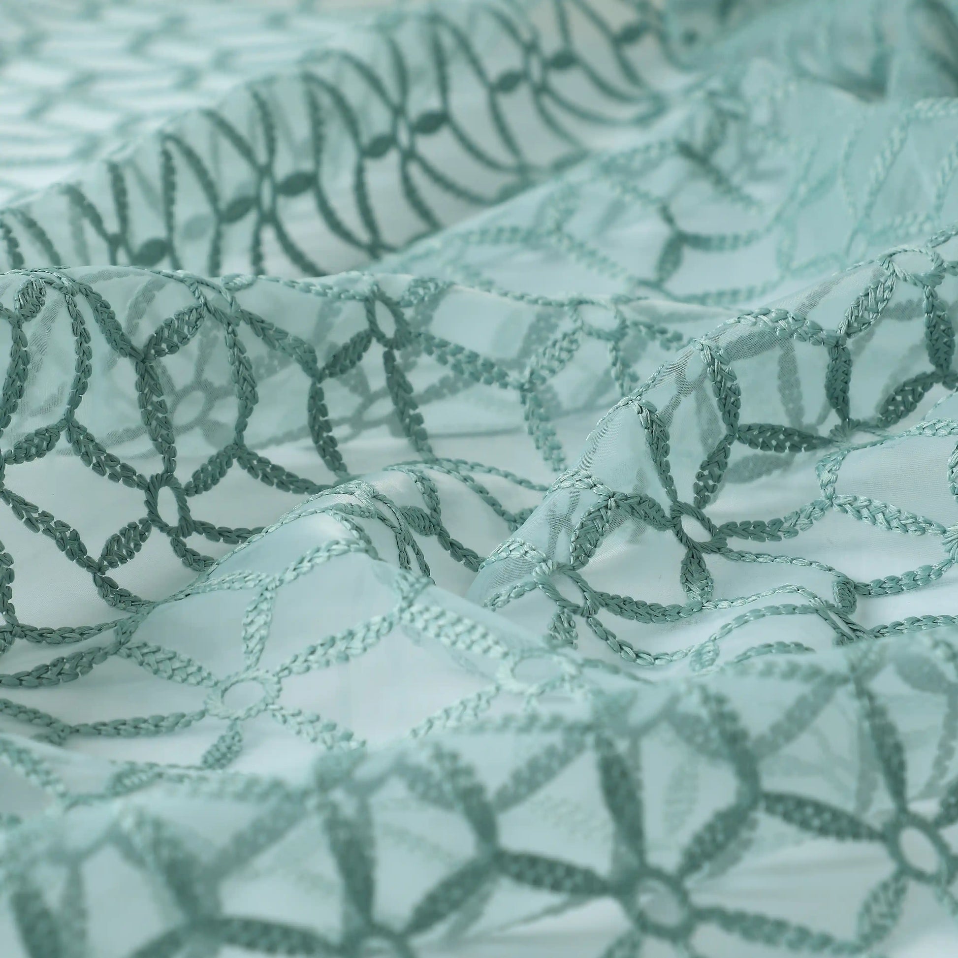 Velina Set Of 2 Embroidered Sheer Readymade Curtains | Whispering Trellis Minted Sea / Door (3.60ft X 7.22ft)