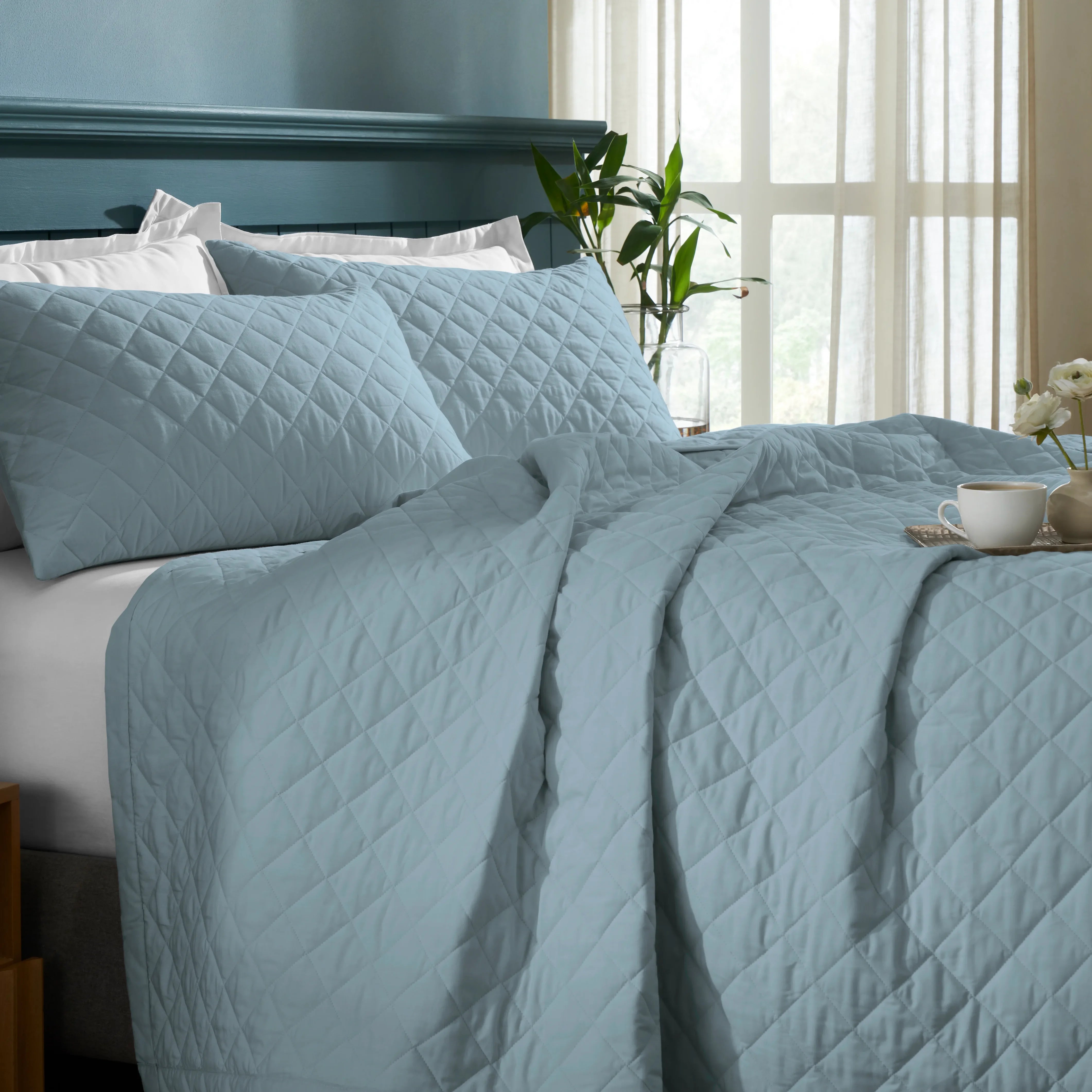 Nuvola | Luxurious Solid Dyed Diamond Quilted Cotton Bedcover Set French Blue
