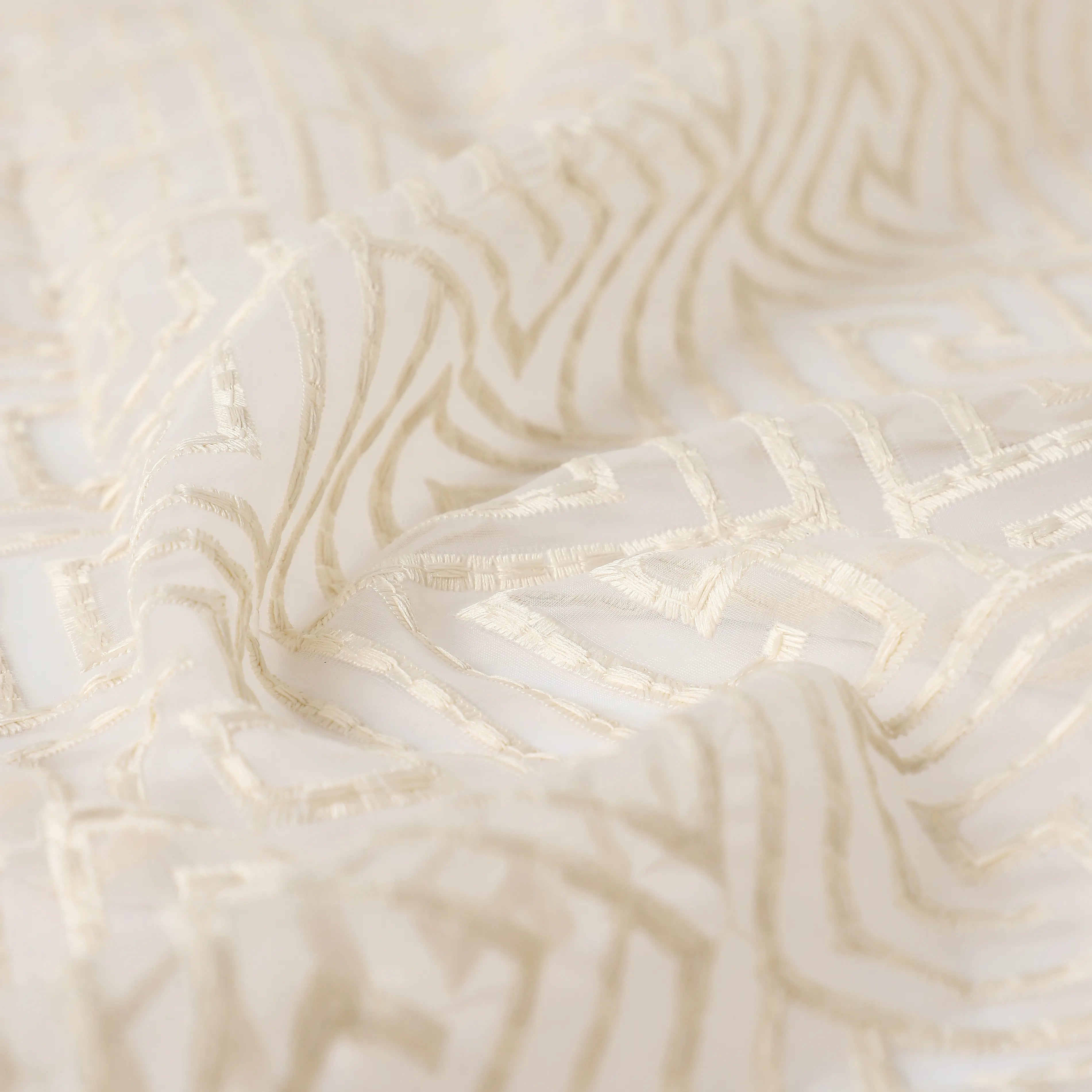 Velina Set Of 2 Embroidered Sheer Readymade Curtains | Modern Maze Cream / Door (3.60ft X 7.22ft)