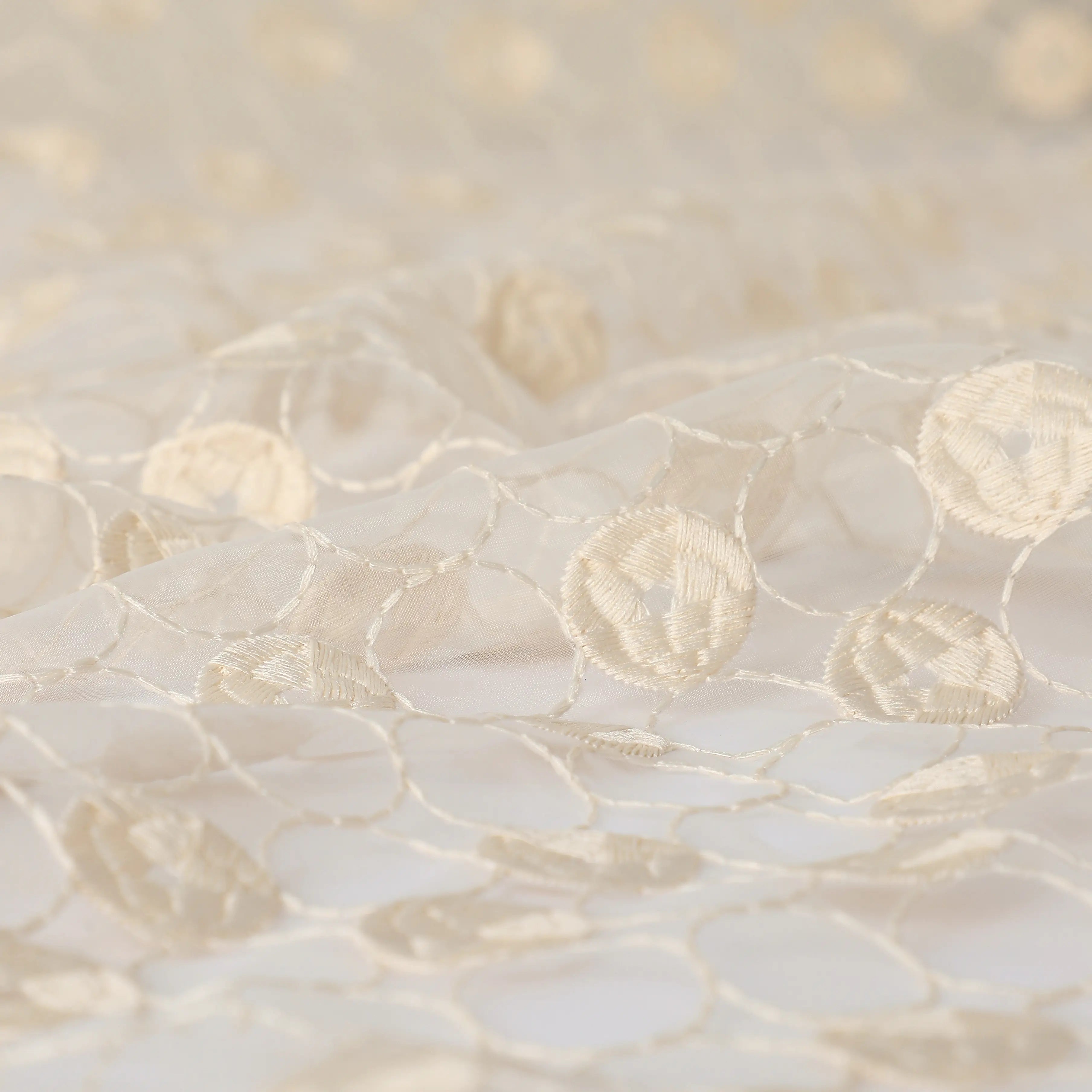Velina Set Of 2 Embroidered Sheer Readymade Curtains | Beyond Circles Milky Sand / Door (3.60ft X 7.22ft)