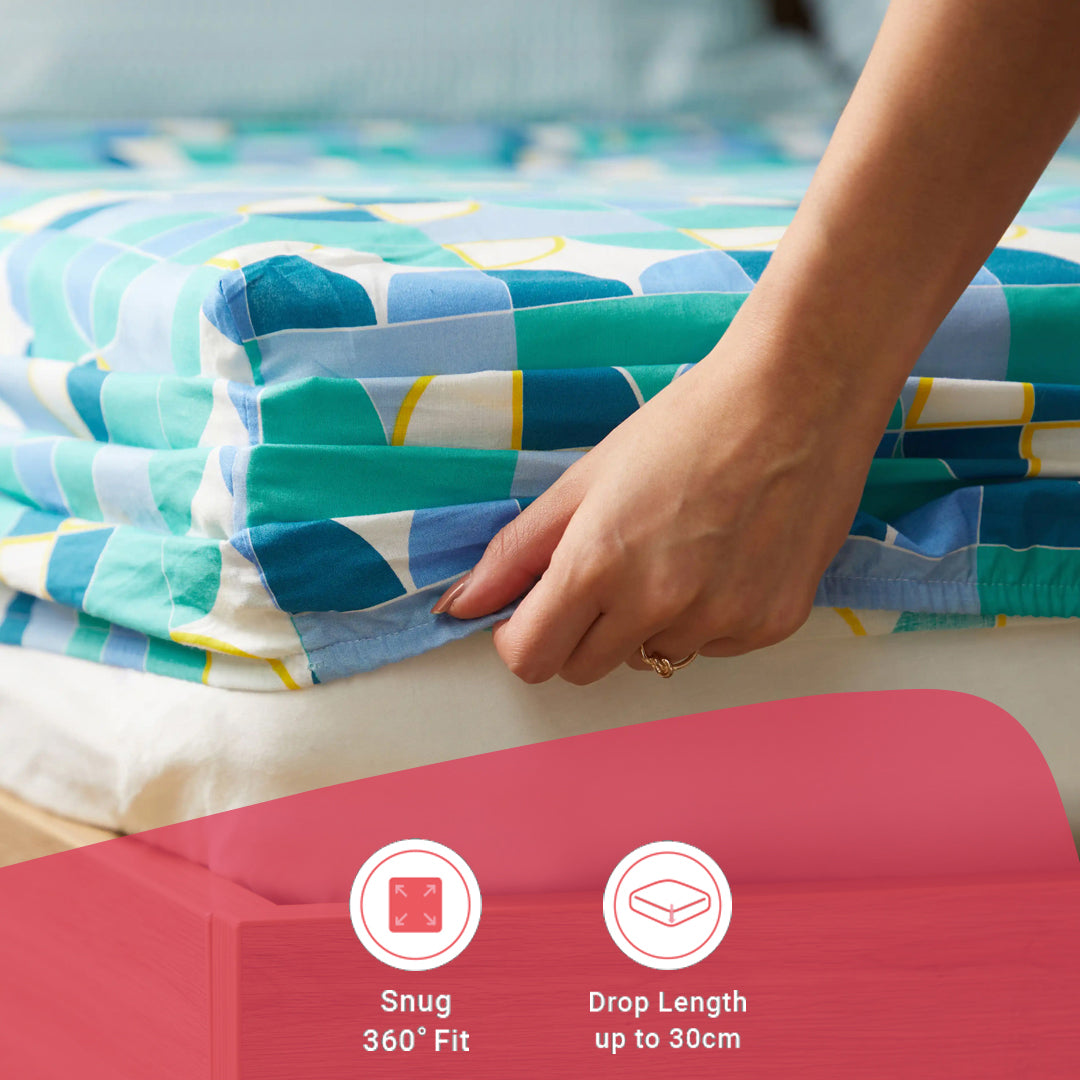 Mishella | Mix & Match Printed Cotton Fitted Sheet Set - Orbit Teal