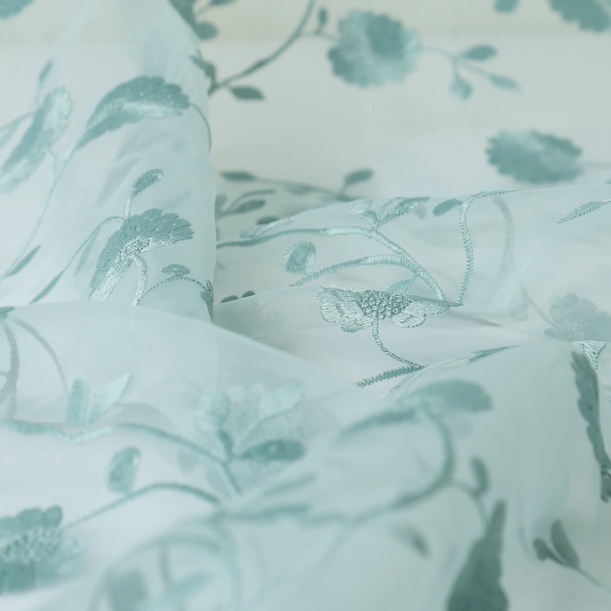Velina Set Of 2 Embroidered Sheer Readymade Curtains | Vintage Chintz Emerald Teal / Door (3.60ft X 7.22ft)