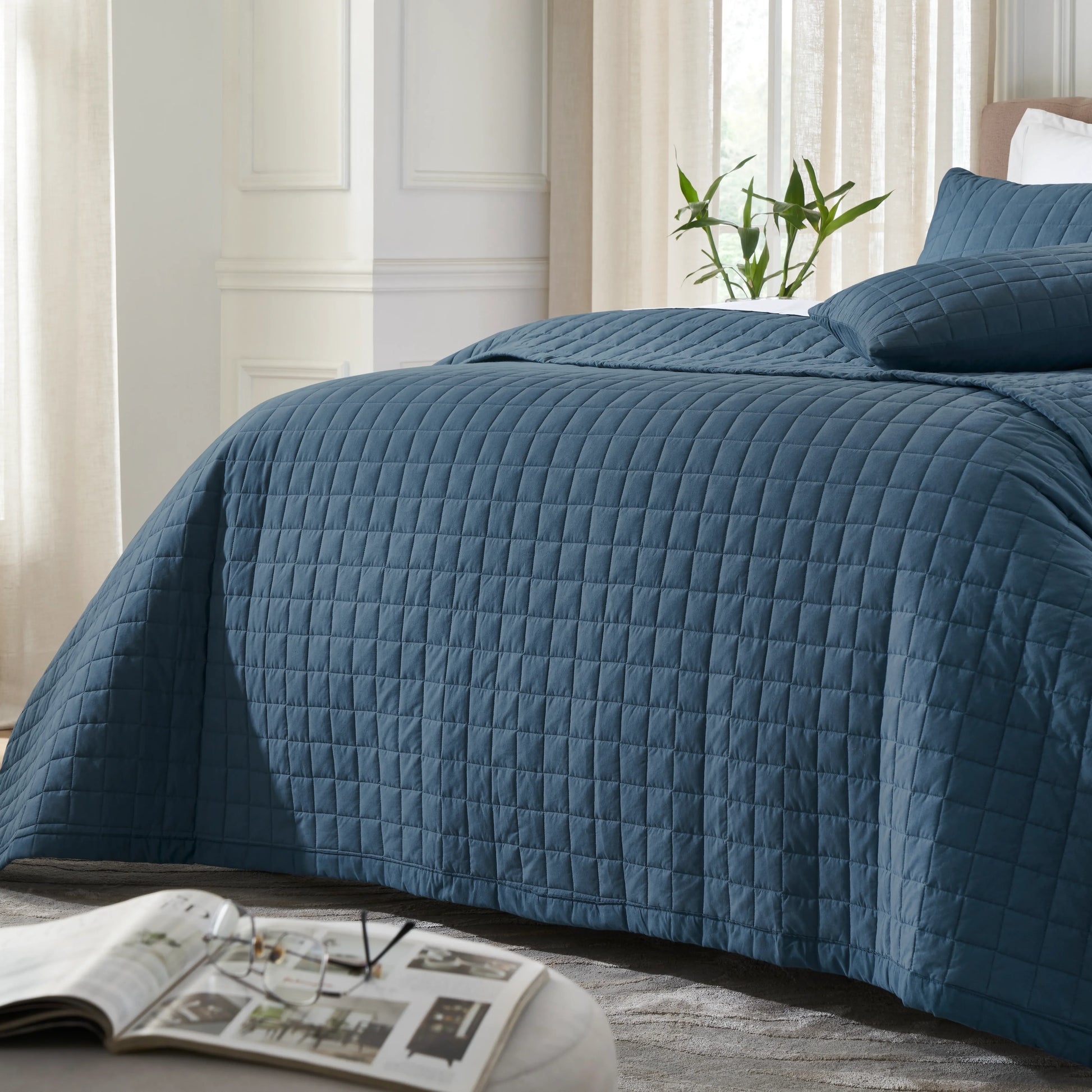 Nuvola | Luxurious Solid Dyed Box Quilted Cotton Bedcover Set Estate Blue