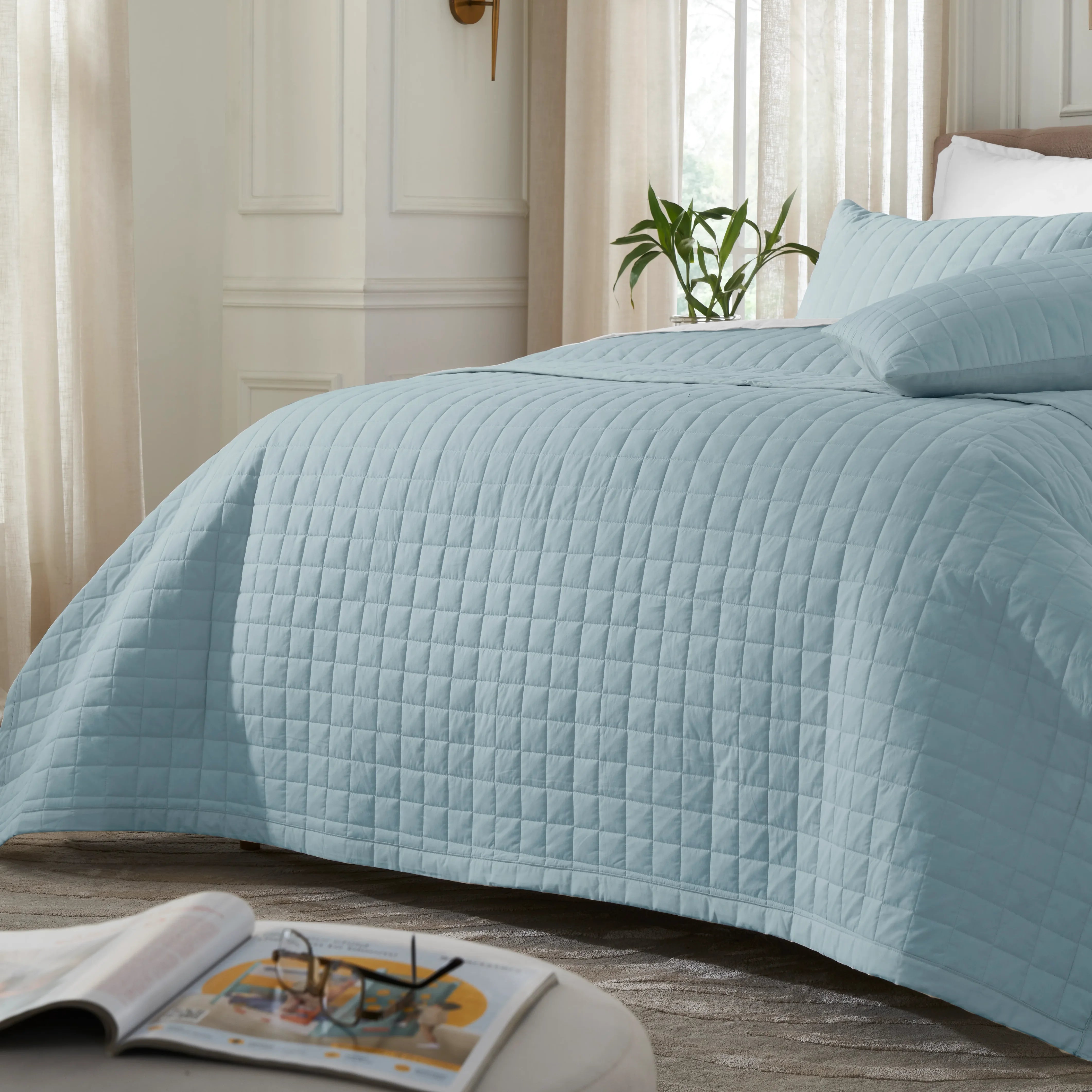 Nuvola | Luxurious Solid Dyed Box Quilted Cotton Bedcover Set French Blue