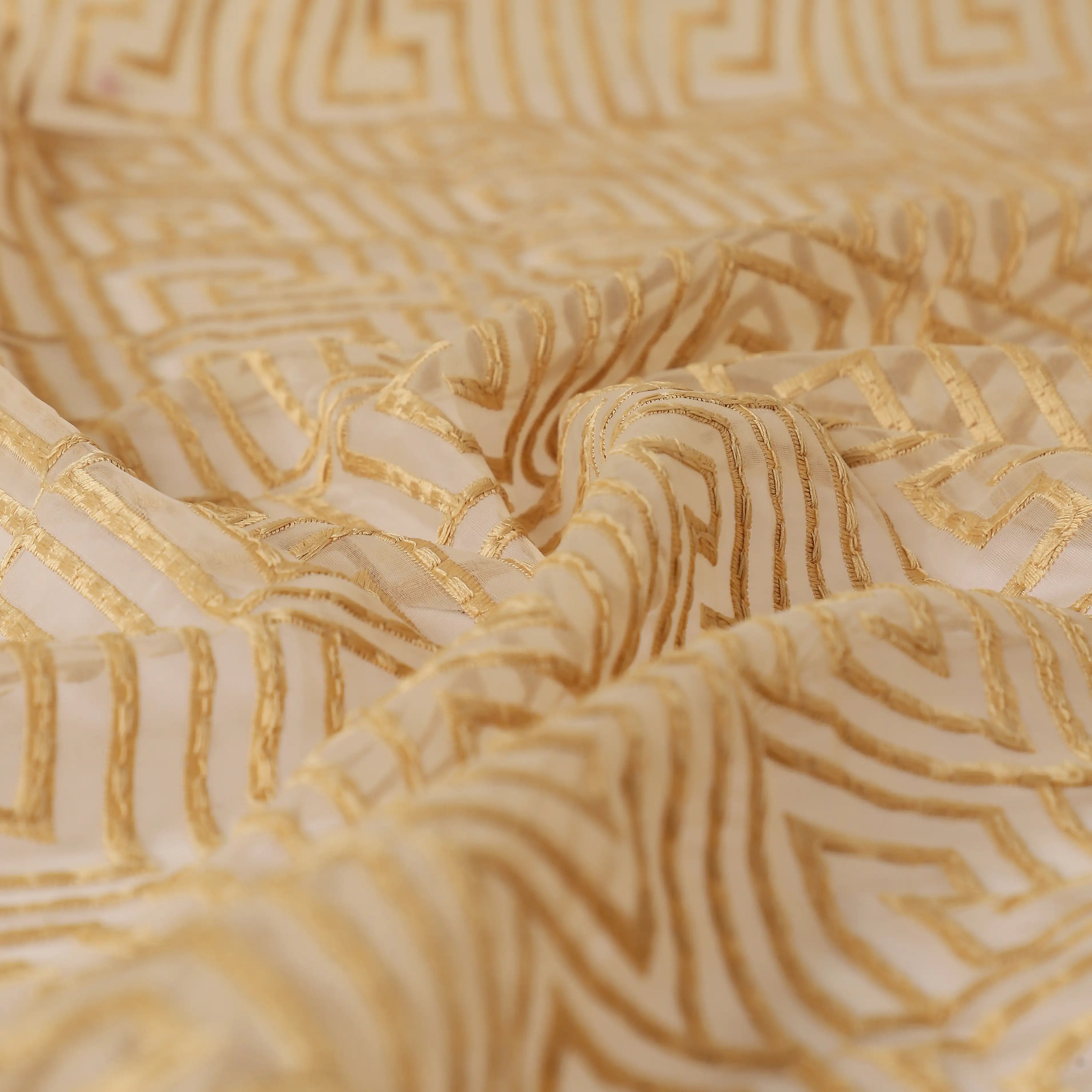 Velina Set Of 2 Embroidered Sheer Readymade Curtains | Modern Maze Gold / Door (3.60ft X 7.22ft)