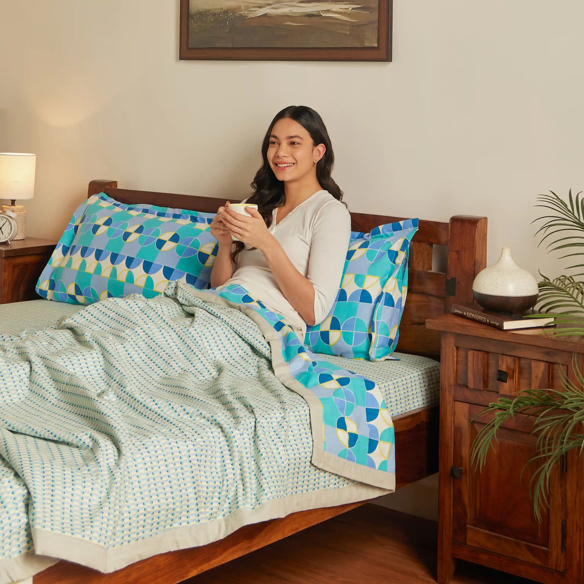 Mishella Printed Kaleido Teal Bedding Set-2 (Dbl Bedsheet + 2 Sgl Dohar) Kaleido Teal / Double