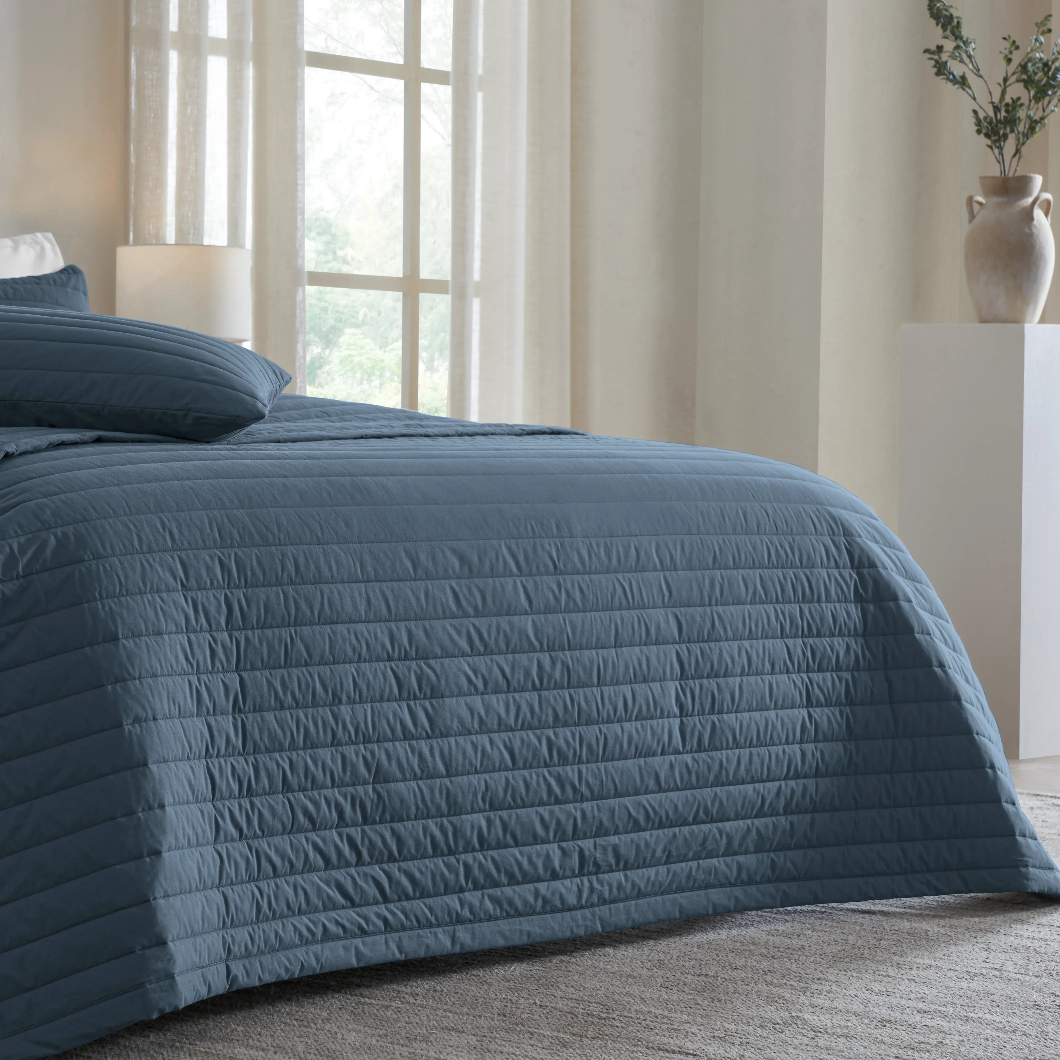 Nuvola | Luxurious Solid Dyed Straight Quilted Cotton Bedcover Set Estate Blue