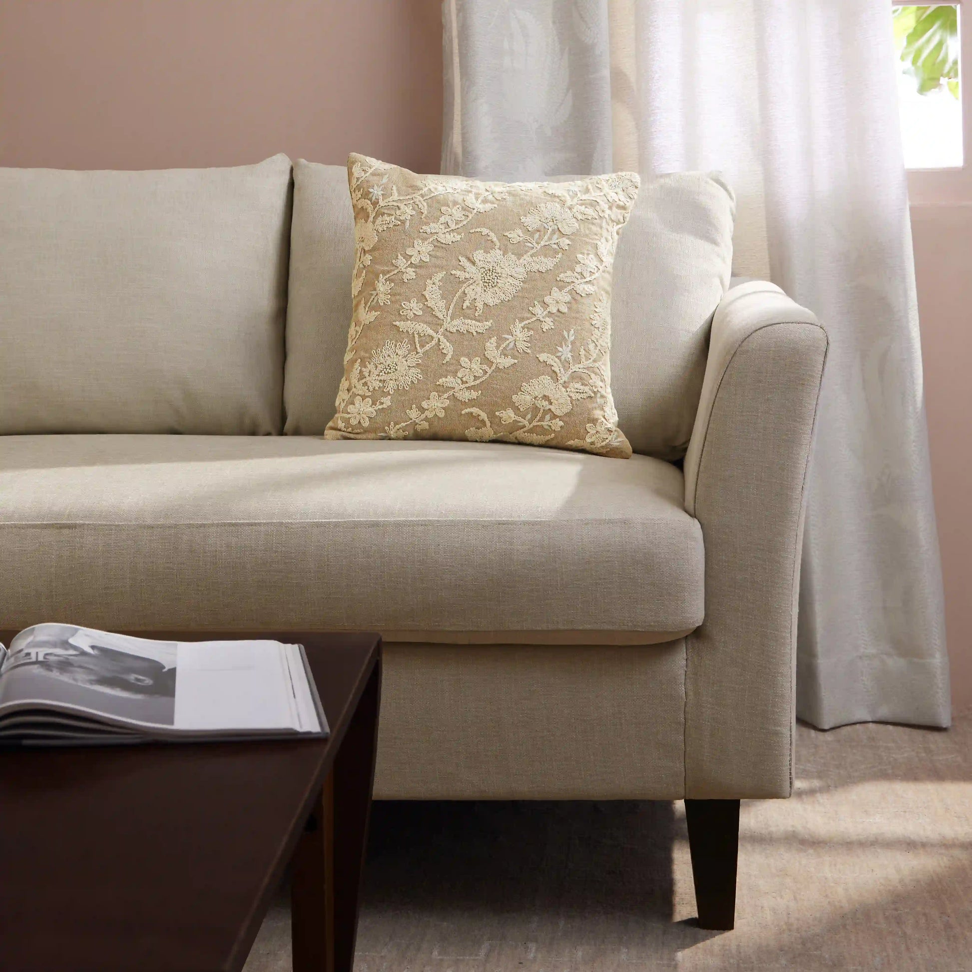 Espricia Embroidered Cushion Cover | Floral Mirage Desert Beige / Cushion Cover (41cm x 41cm)