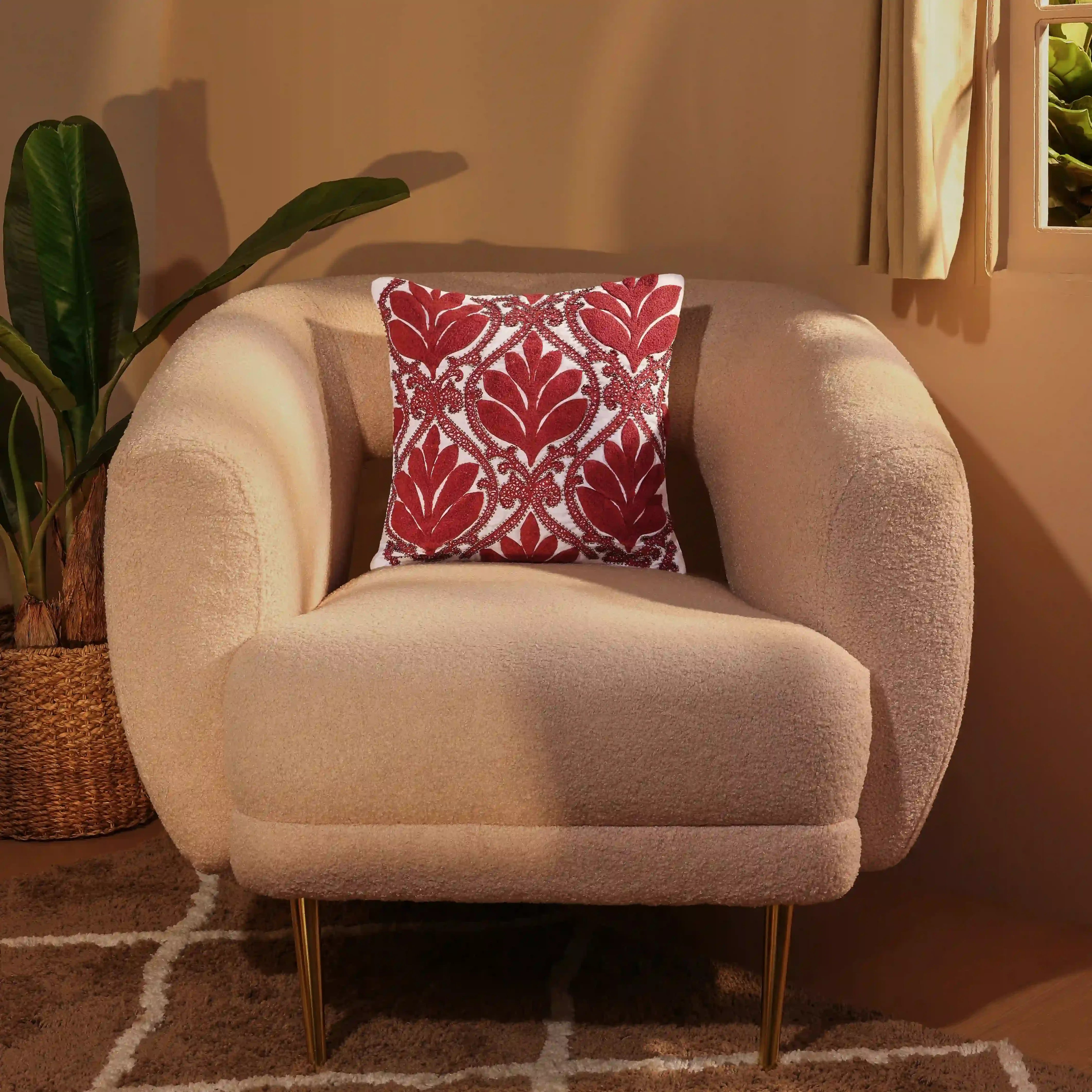 Espricia Embroidered Cushion Cover | Banjara Bloom Crimson / Cushion Cover (51cm x 51cm)