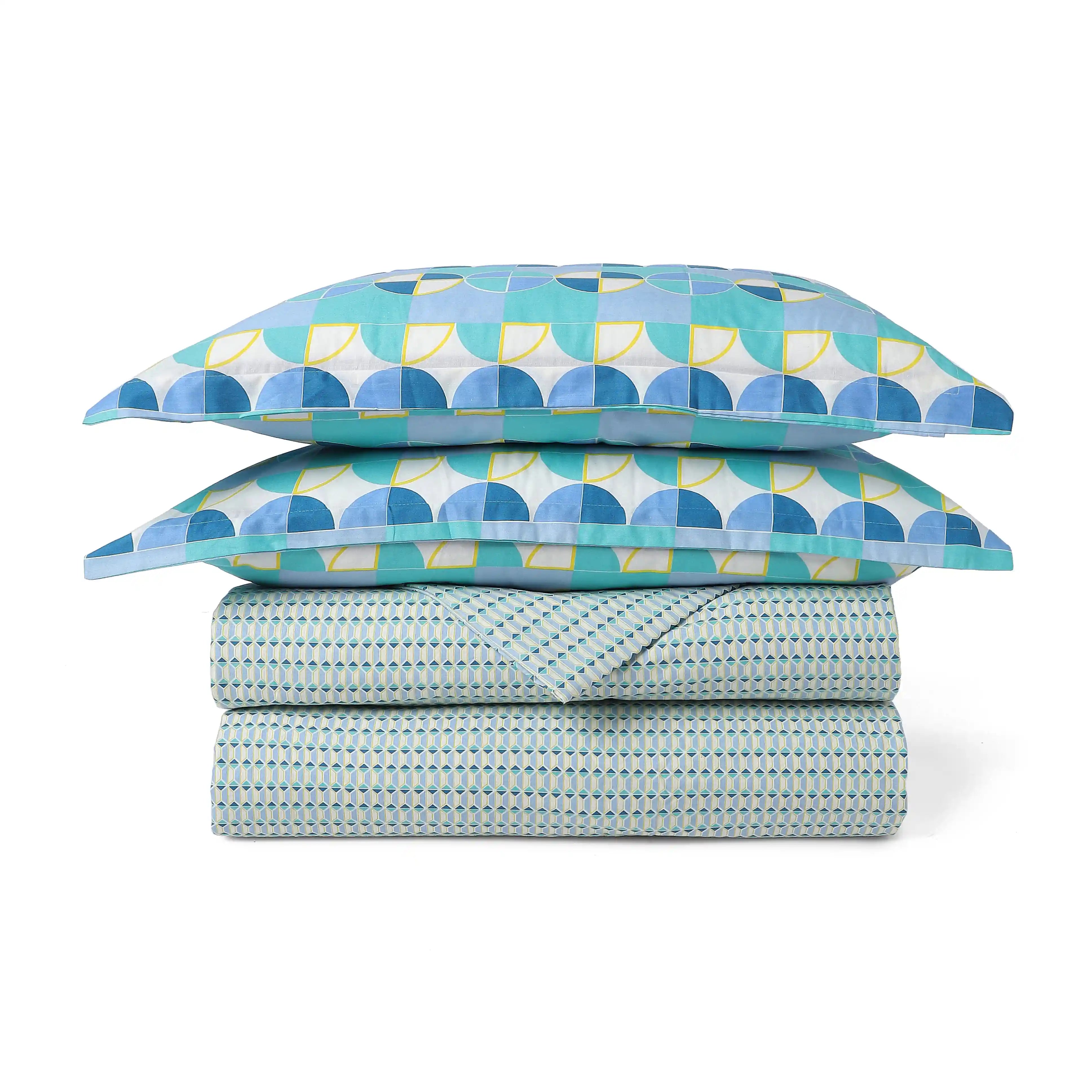 Mishella Printed Kaleido Teal Bedding Set-2 (Dbl Bedsheet + 2 Sgl Dohar) Kaleido Teal / Double