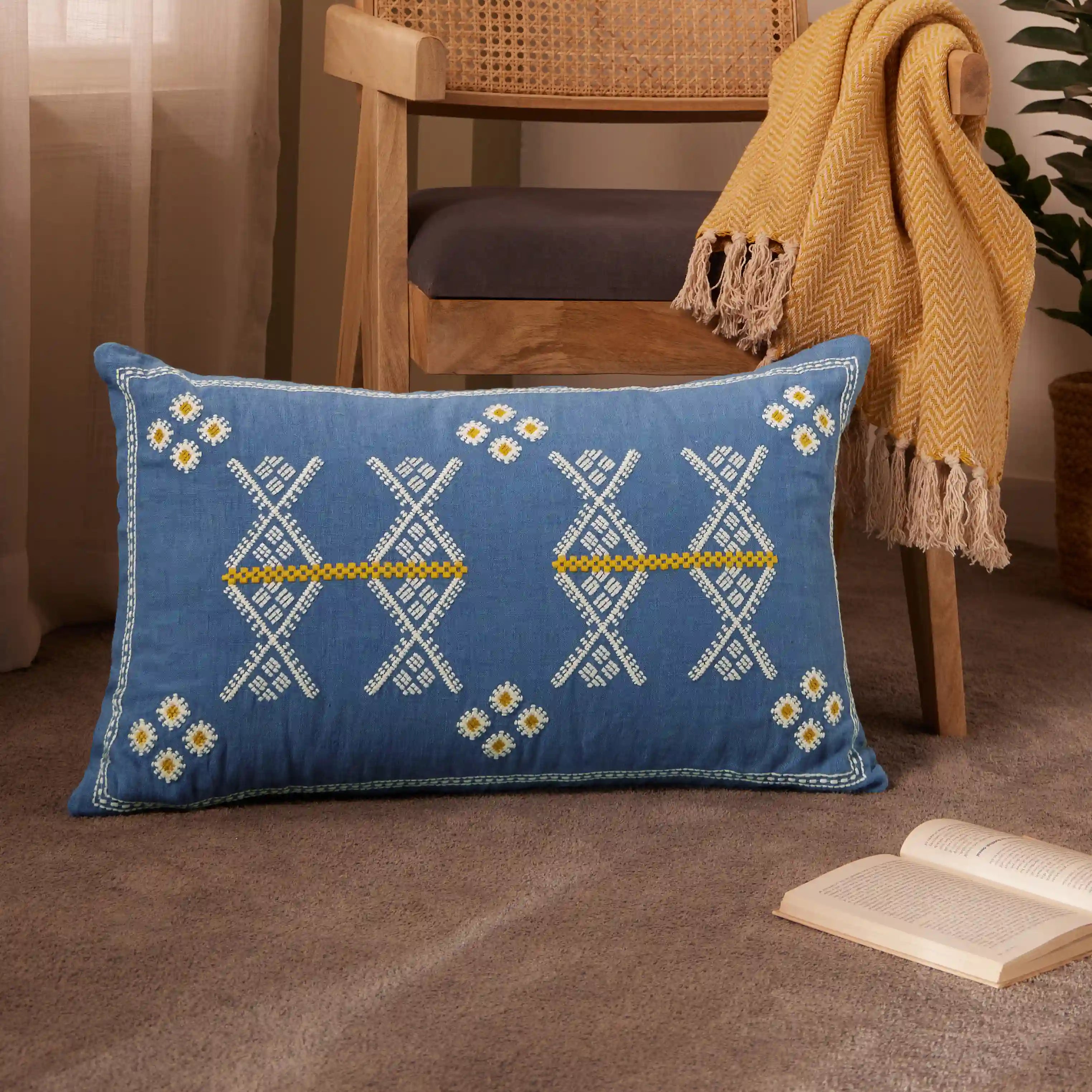 Estrella Embroidered Cushion Cover | Karigari Threads Denim Blue / Cushion Cover (41cm x 66cm)