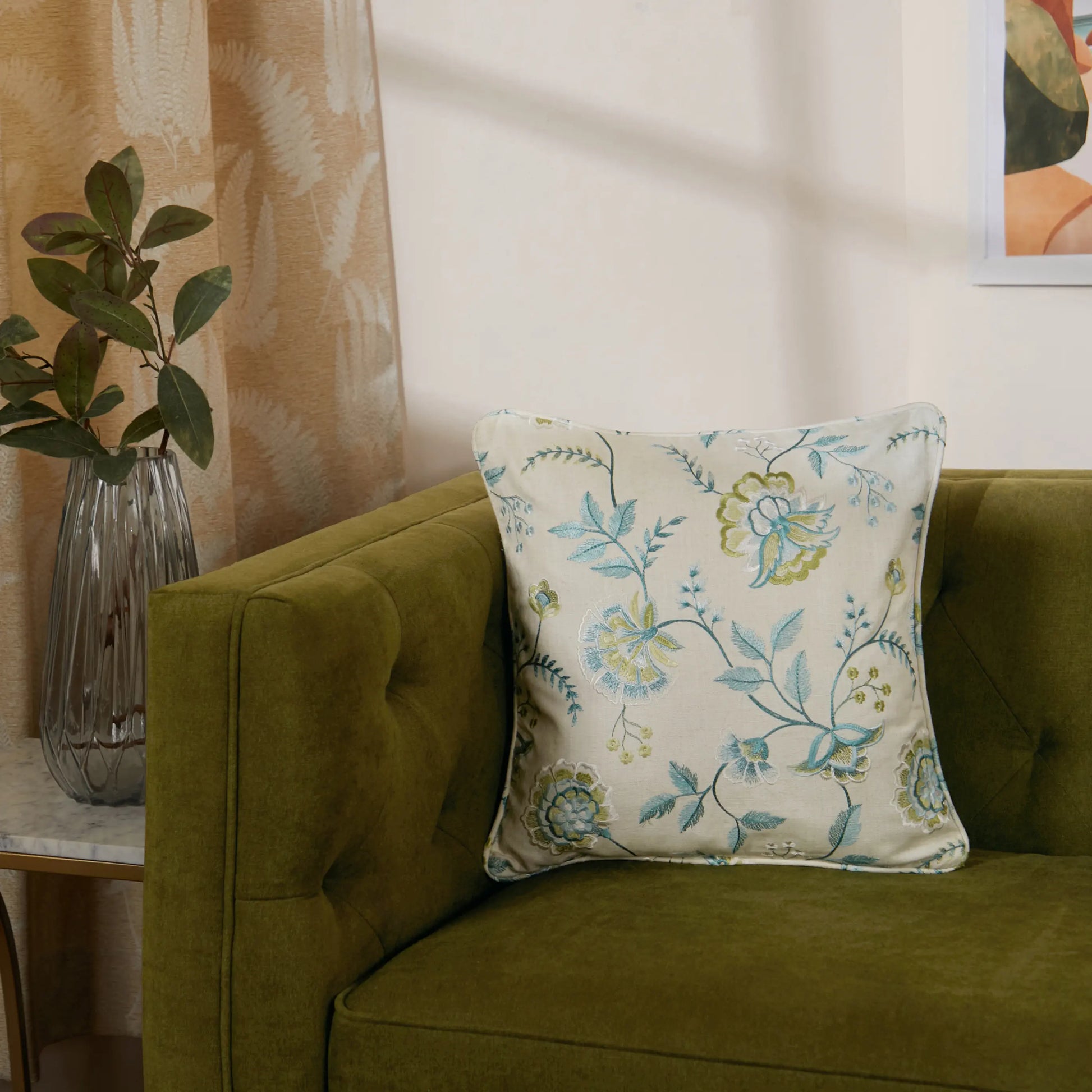 Estrella Embroiderd Cushion Cover | Garden Muse Frosty Teal / Cushion Cover (41cm x 41cm)