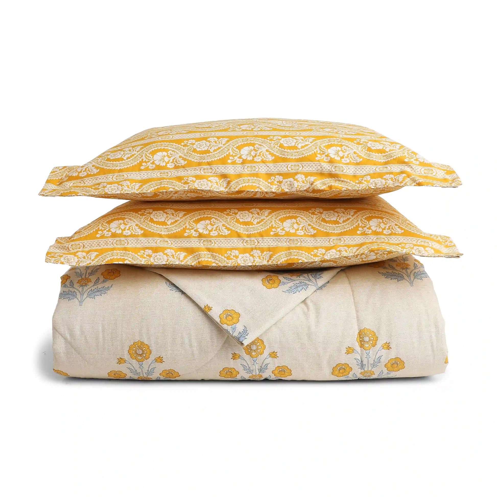 Chippa Lane | Contemporary Indian Print Design Coordinated Bedding Set | Set of Bedsheet & Comforter-Ochre Ochre / Double
