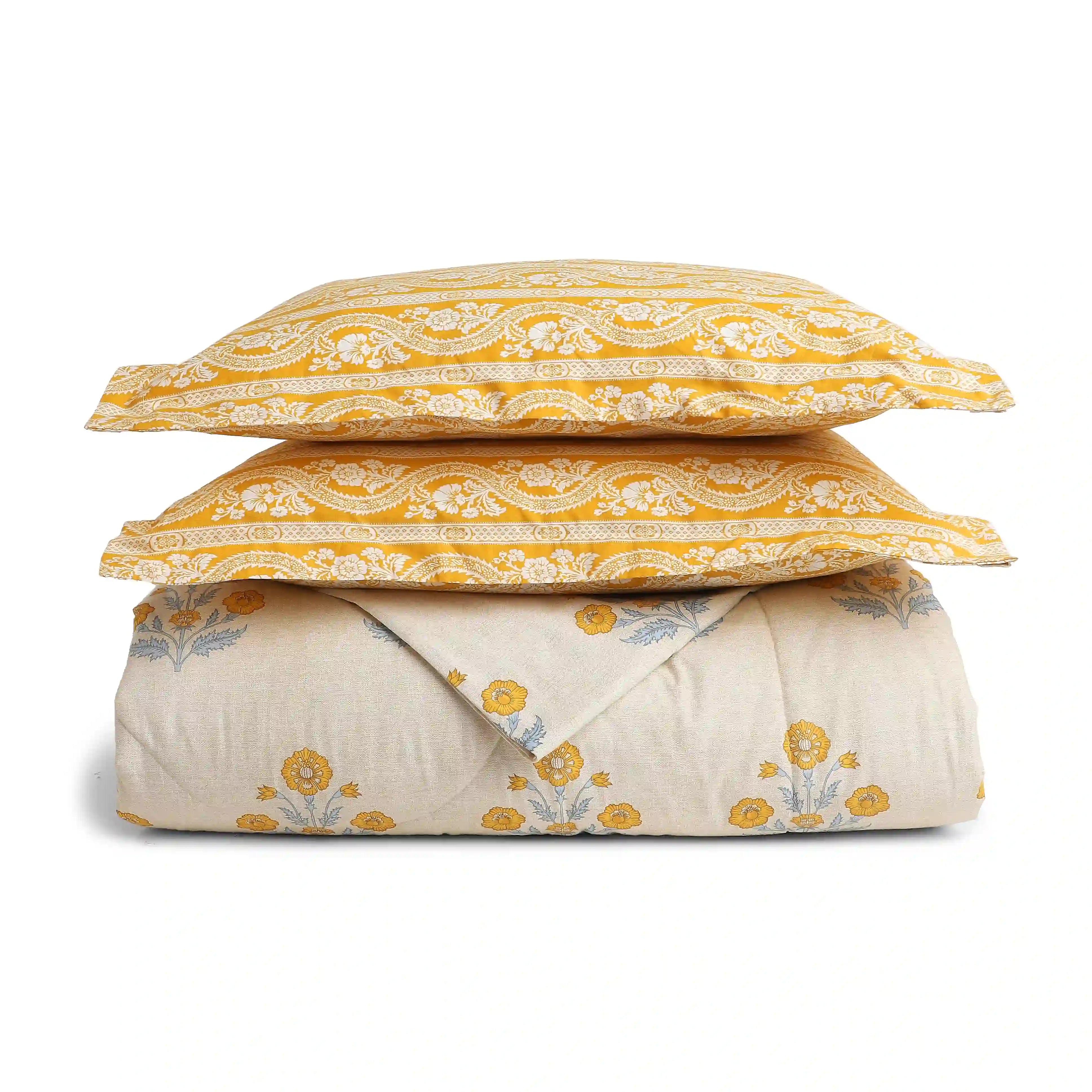 Chippa Lane | Contemporary Indian Print Design Coordinated Bedding Set | Set of Bedsheet & Comforter-Ochre Ochre / Double