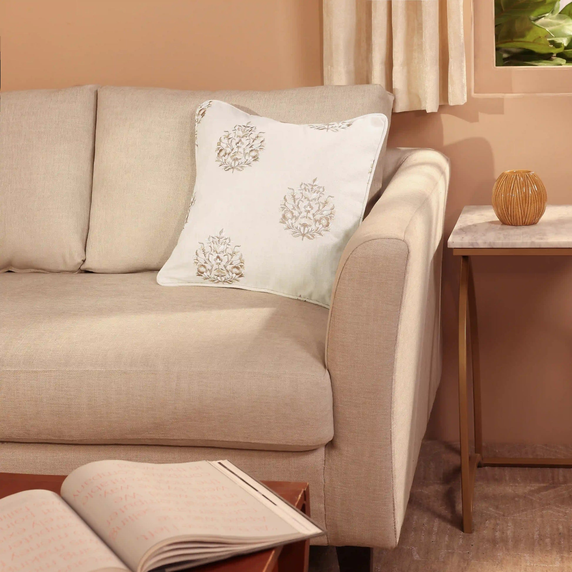 Espricia Embroidered Cushion Cover | Bagh Bahaar Wheat Whisper / Cushion Cover (41cm x 41cm)
