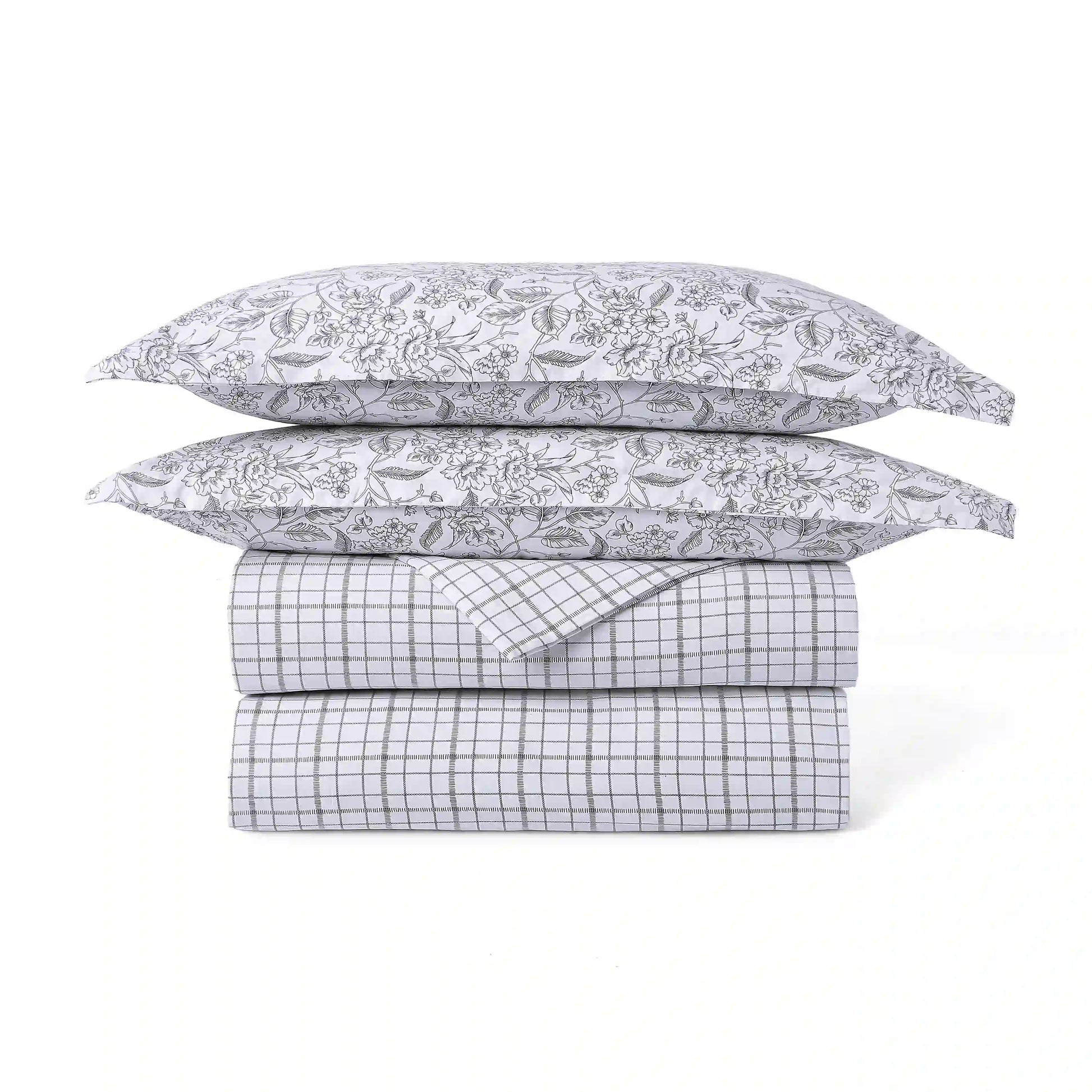 Mishella Printed Charcoal Checks Bedding Set-2 (Dbl Bedsheet + 2 Sgl Dohar) Charcoal Checks / Double