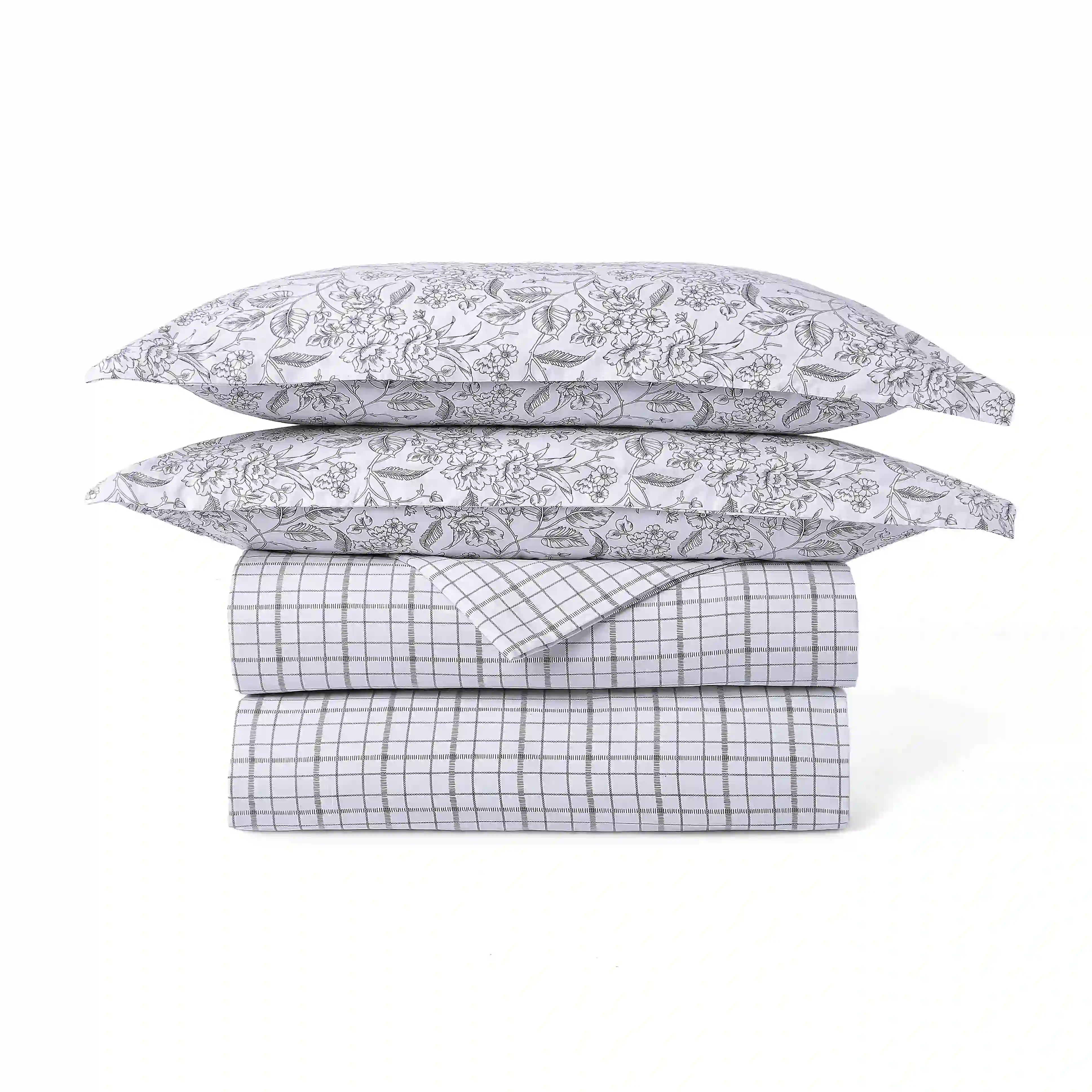 Mishella Printed Charcoal Checks Bedding Set-2 (Dbl Bedsheet + 2 Sgl Dohar) Charcoal Checks / Double