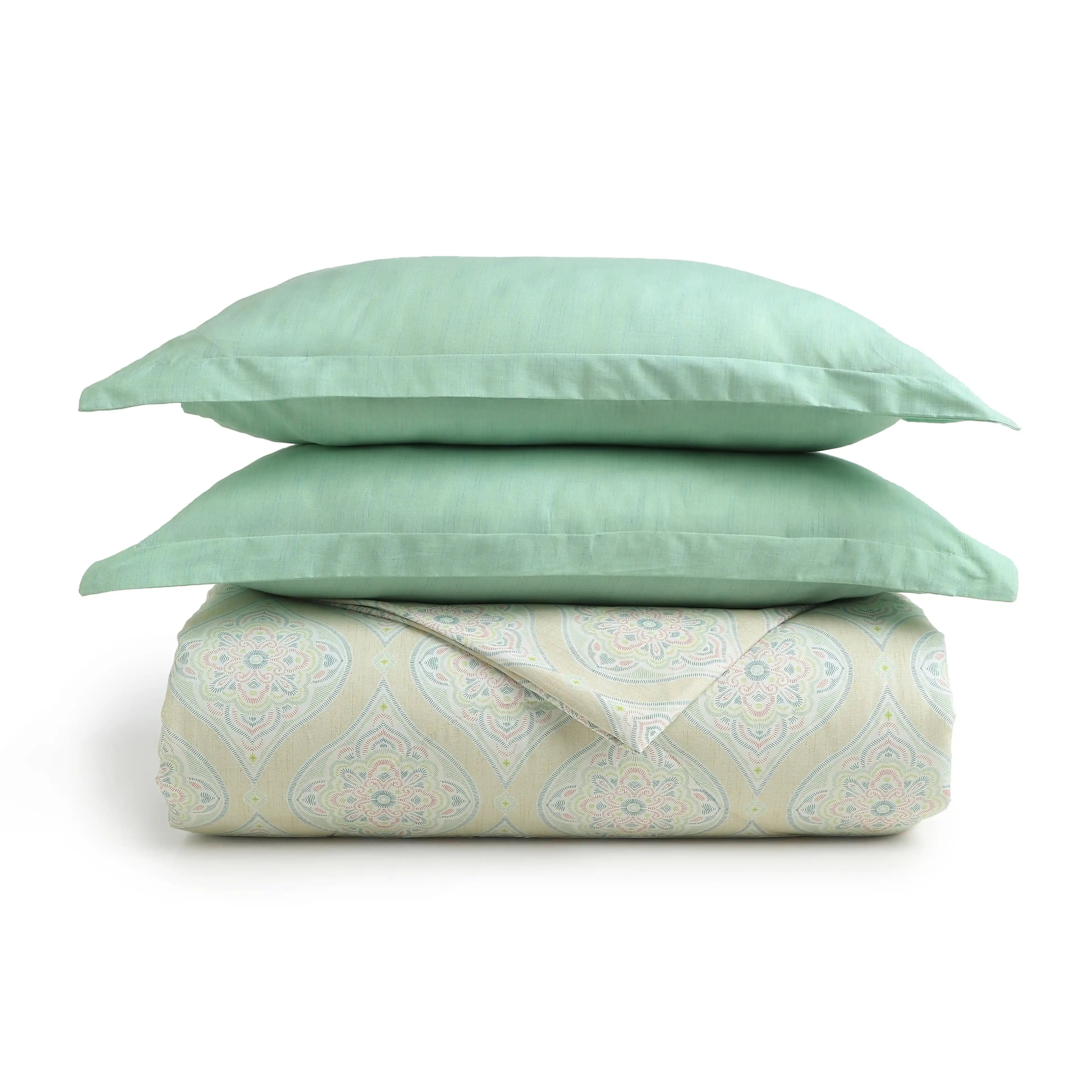 Chippa Lane | Contemporary Indian Print Design Coordinated Bedding Set | Set of Bedsheet & Comforter-Sage Sage / Double