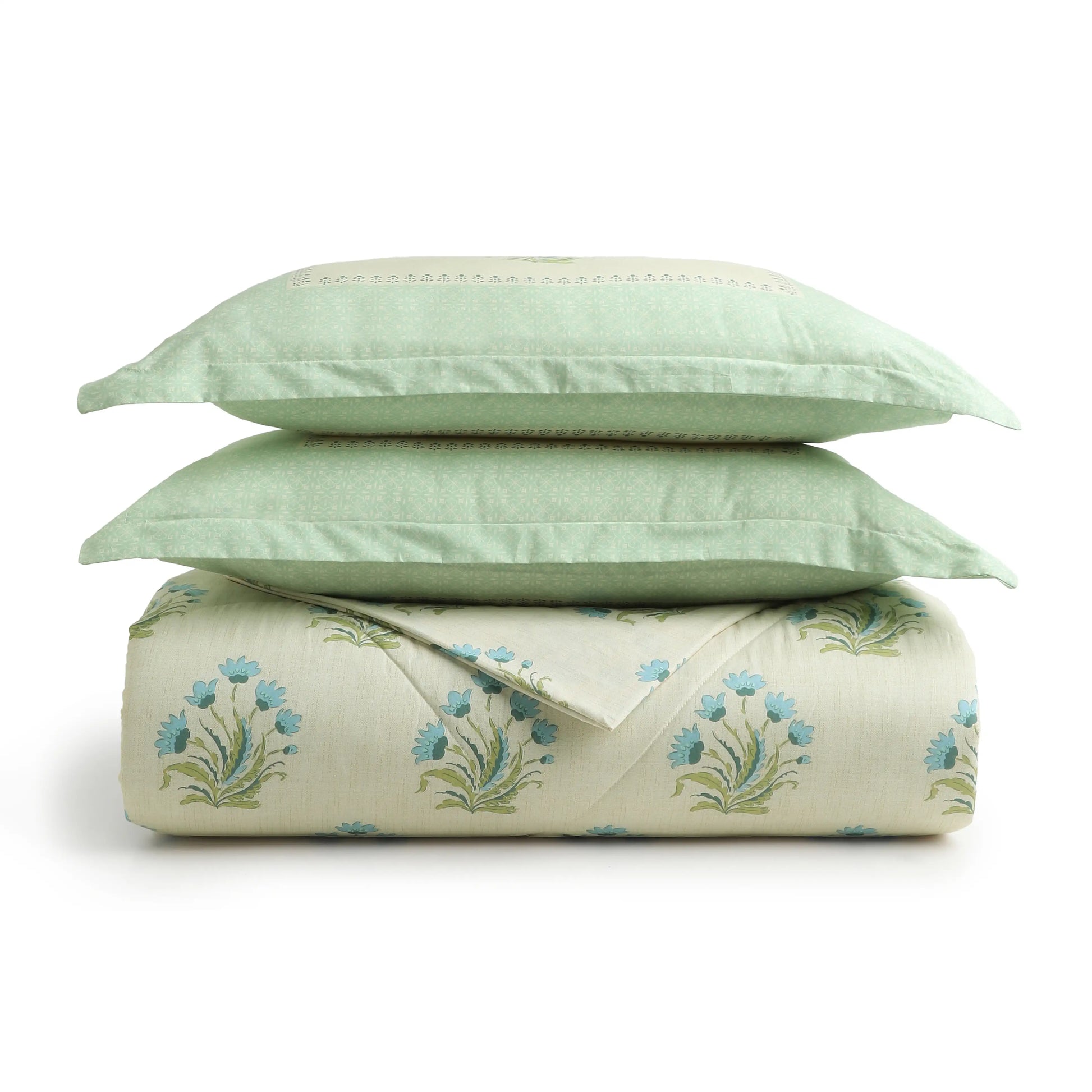Chippa Lane | Contemporary Indian Print Design Coordinated Bedding Set | Set of Bedsheet & Comforter-Indian Sage Indian Sage / Double