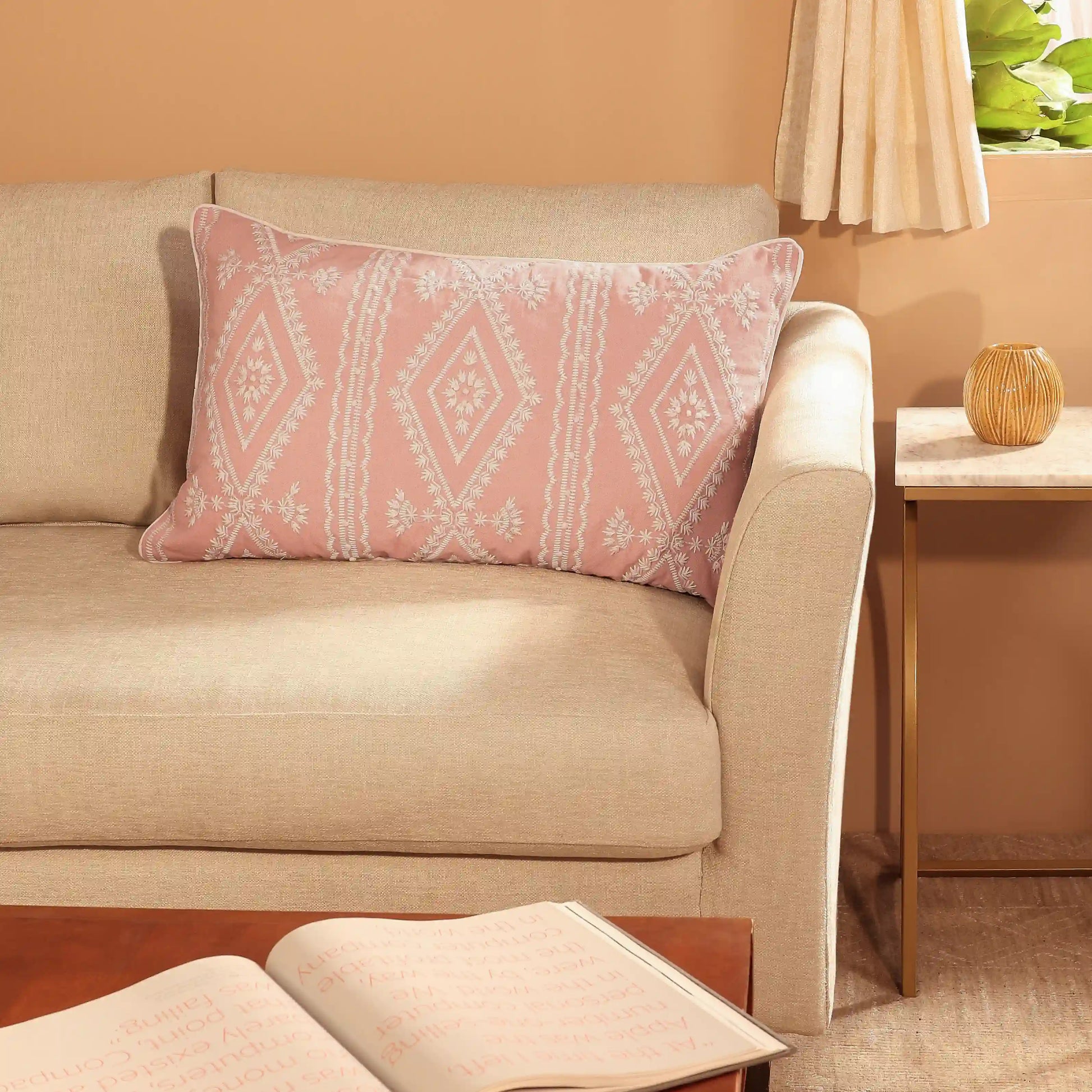 Espricia Embroidered Cushion Cover | Floral Mirage Sunset Peach / Cushion Cover (41cm x 66cm)