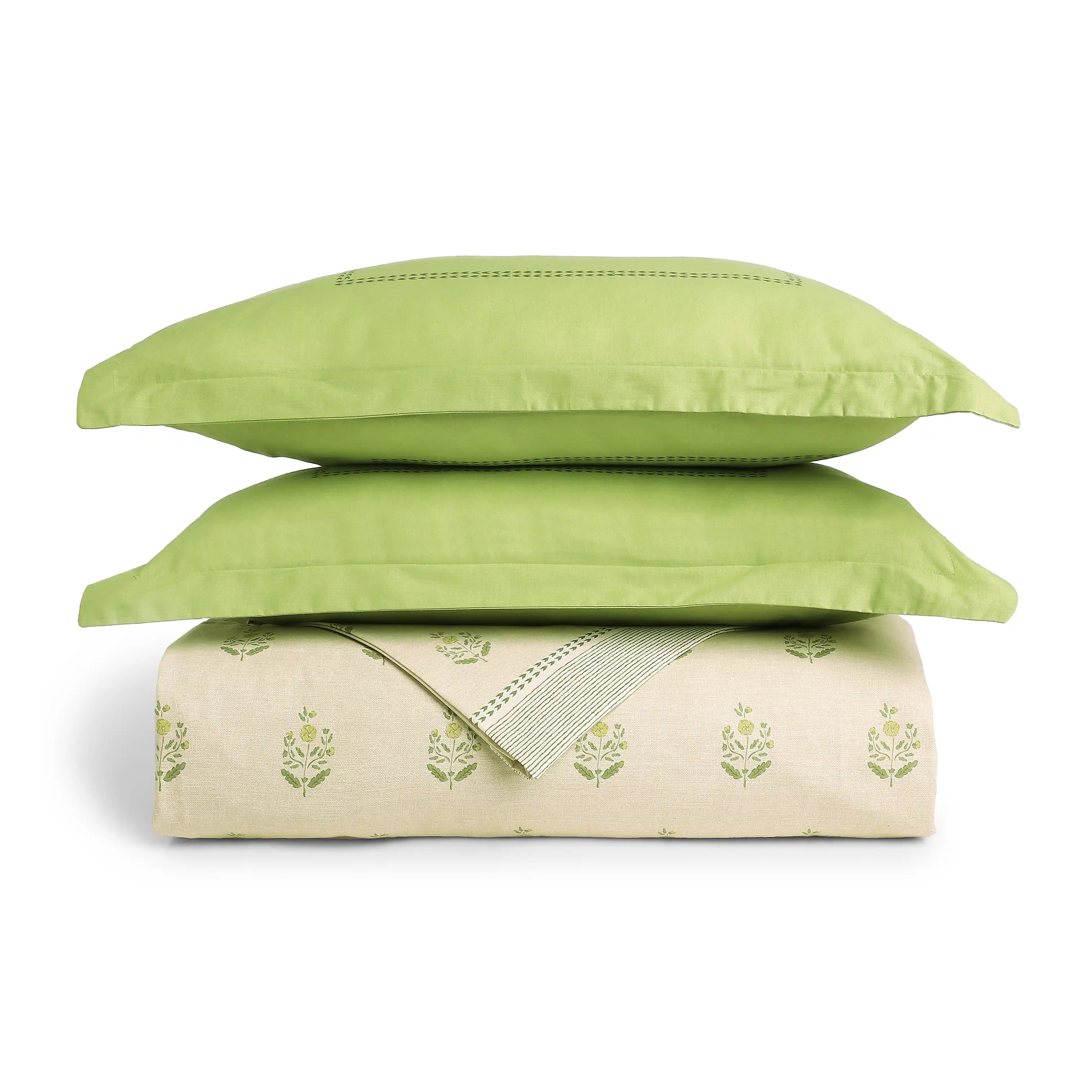 Chippa Lane | Contemporary Indian Print Design Coordinated Bedding Set | Set of Bedsheet & Dohar Indian Moss / Double