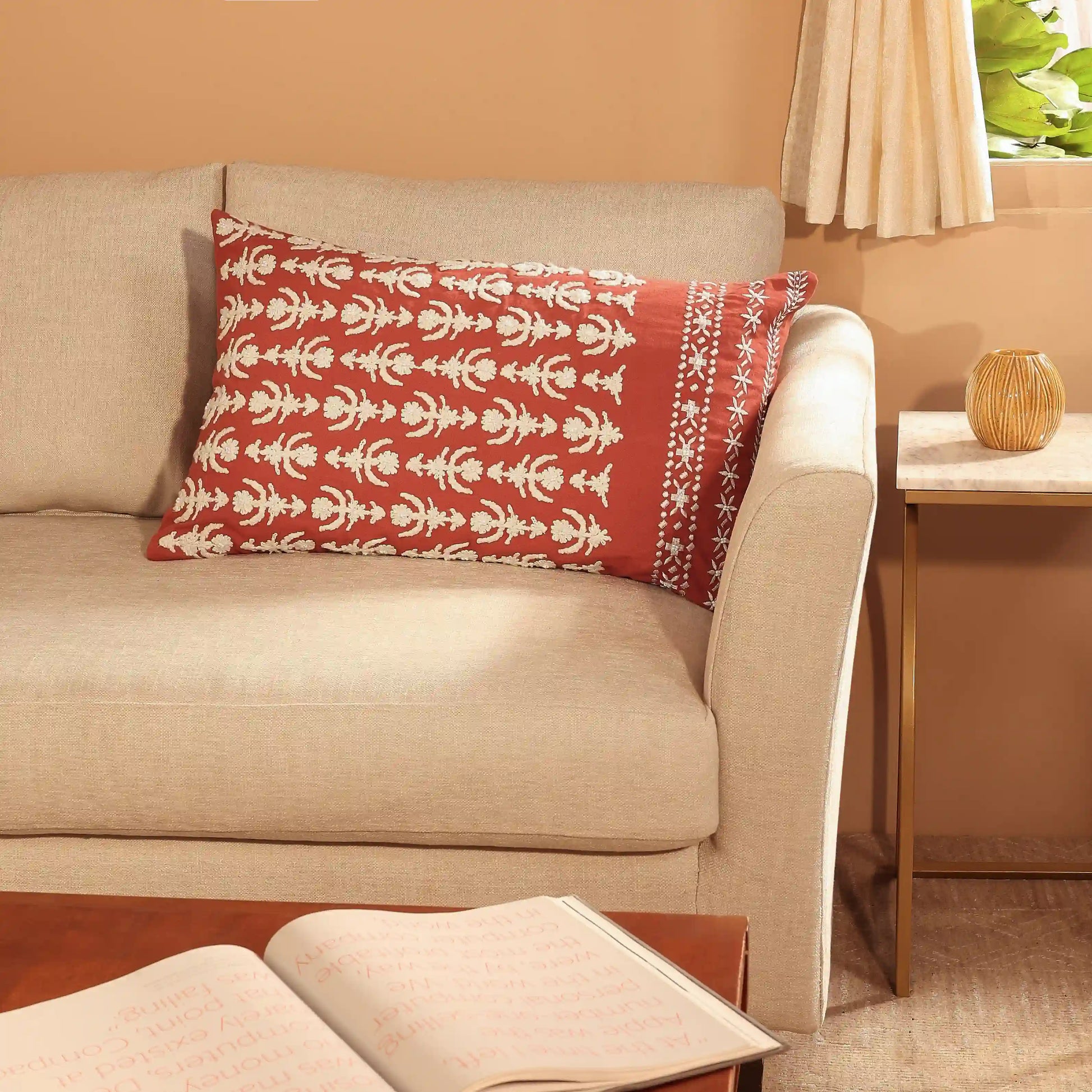 Espricia Embroidered Cushion Cover | Banjara Bloom Cinnamon / Cushion Cover (41cm x 66cm)