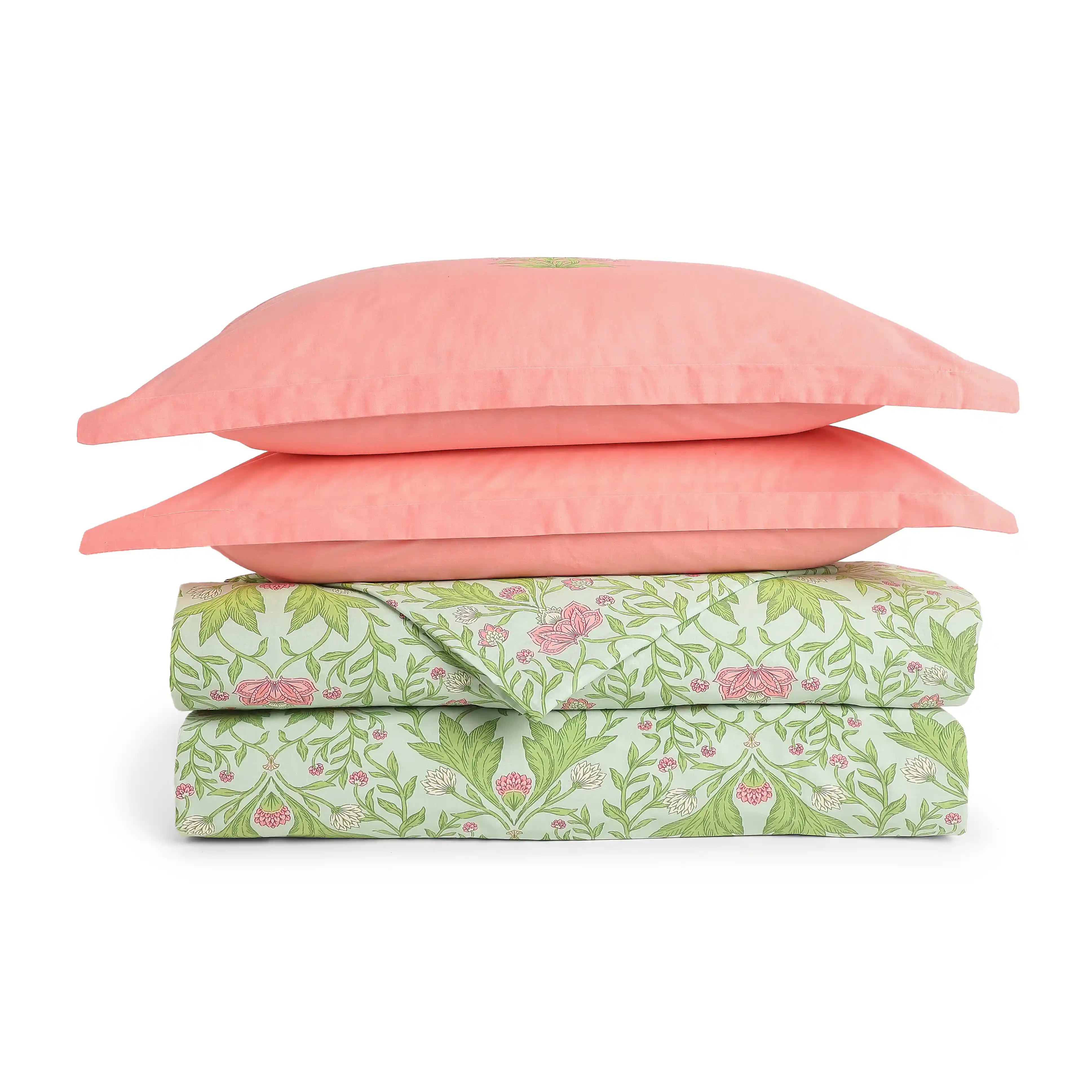Chippa Lane | Contemporary Indian Print Design Coordinated Bedding Set | Set of Bedsheet & Dohars-Sage Mint Sage Mint / Double