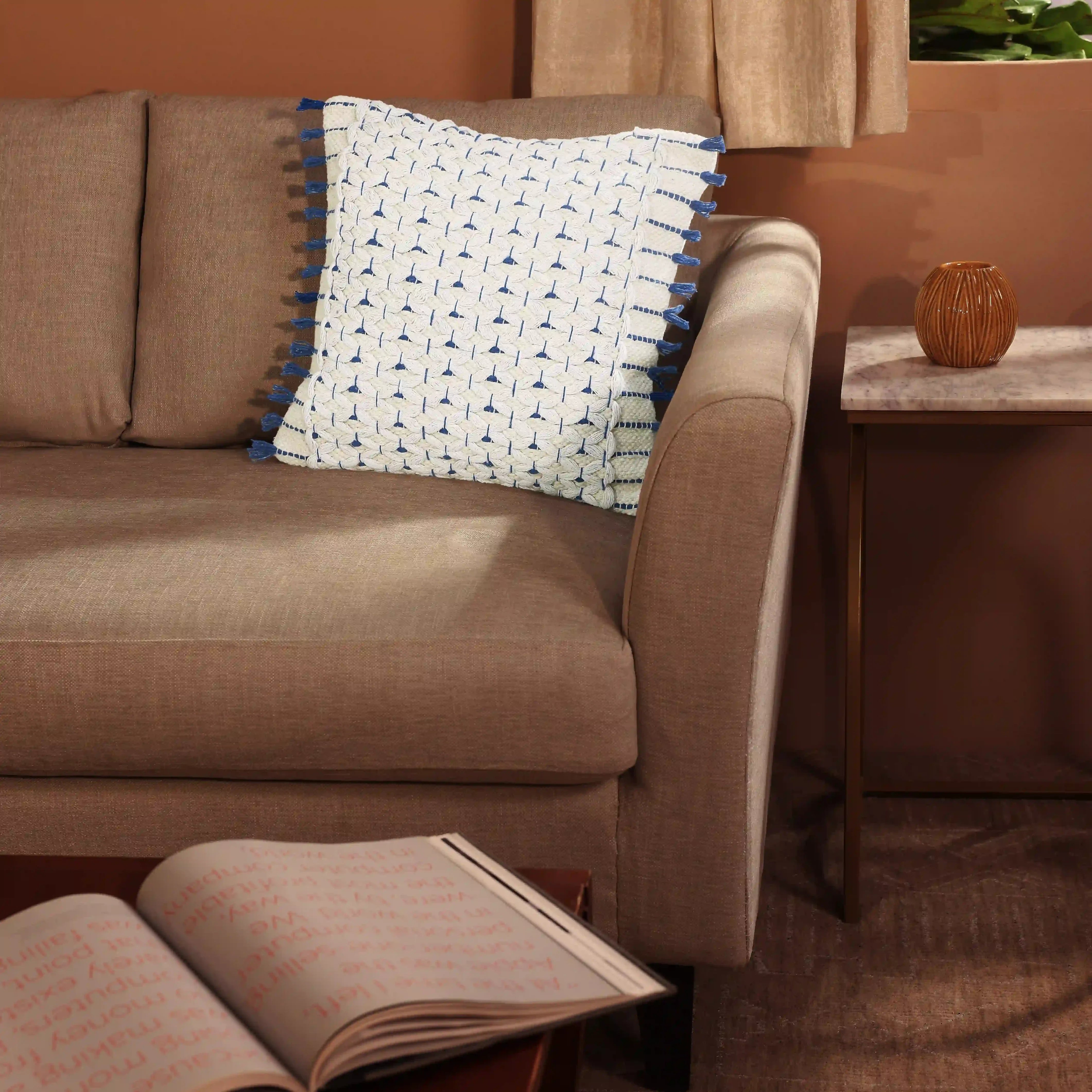 Espricia 100% Cotton Woven Cushion Cover | Soft Geometry Dusty Blue / Cushion Cover (51cm x 51cm)