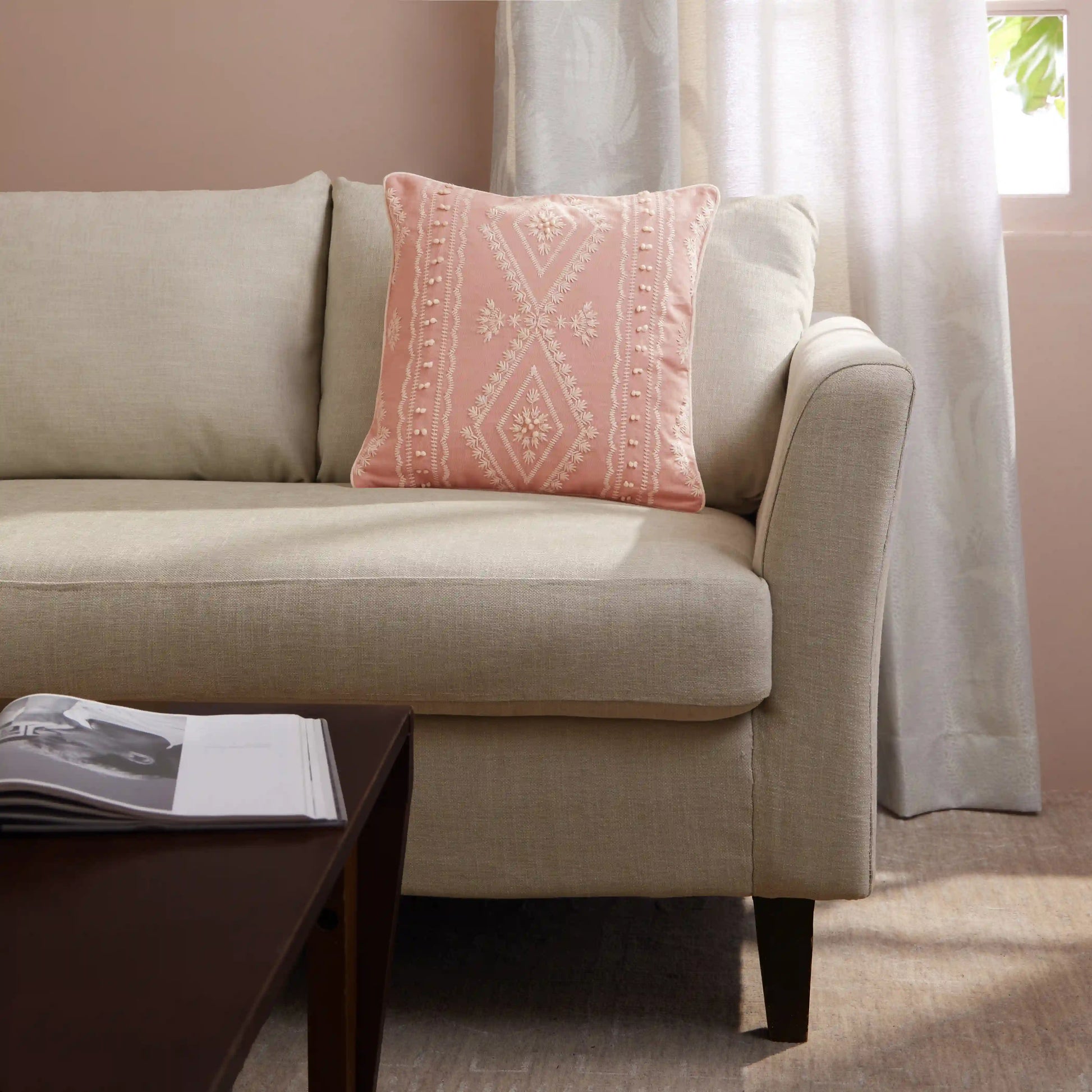 Espricia Embroidered Cushion Cover | Floral Mirage Sunset Peach / Cushion Cover (41cm x 41cm)