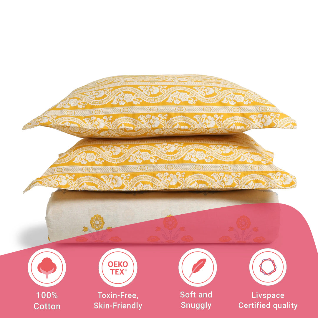 Chippa Lane | Contemporary Indian Print Design Cotton Bedsheet Set-Ochre