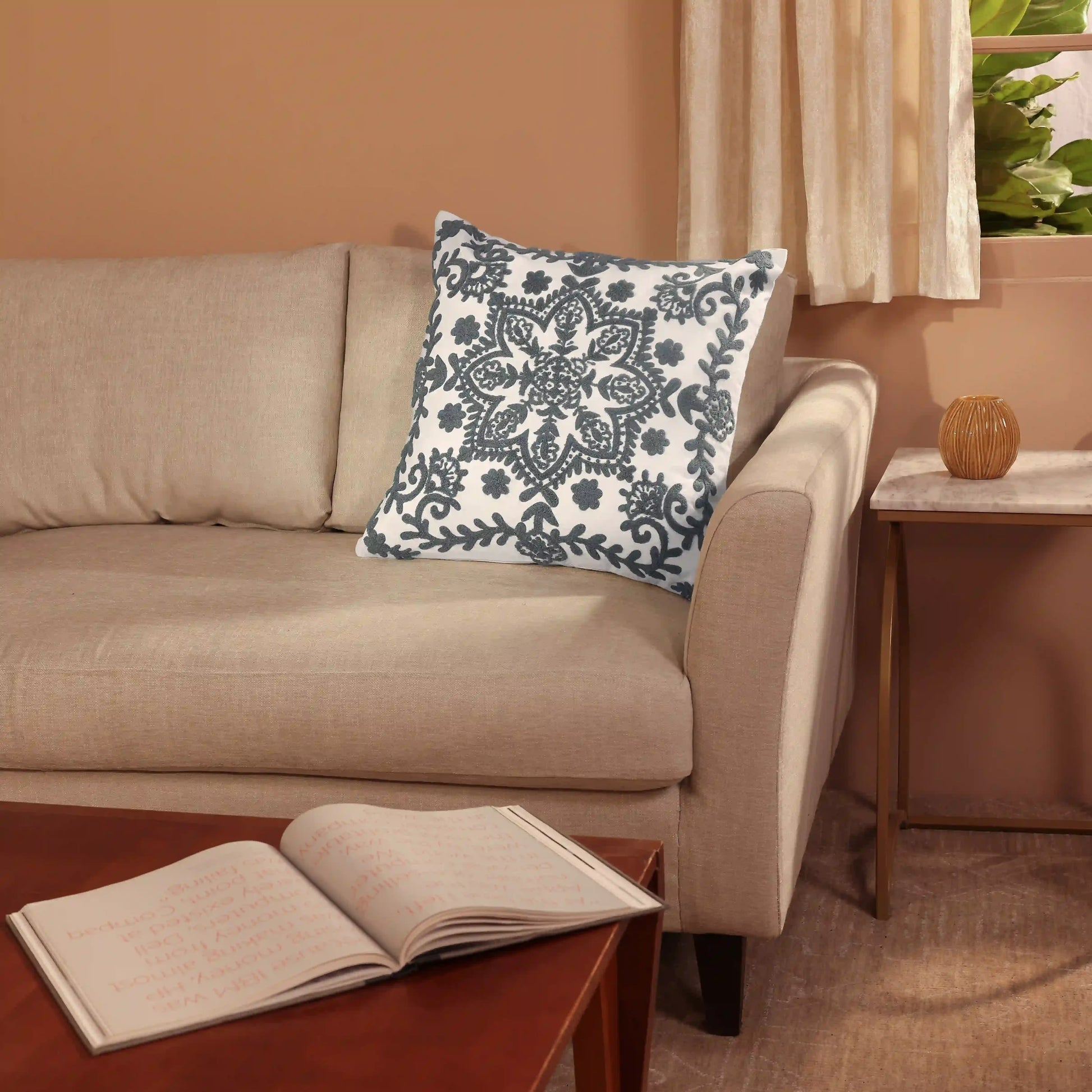 Espricia Embroidered Cushion Cover | Banjara Bloom Ash / Cushion Cover (41cm x 41cm)
