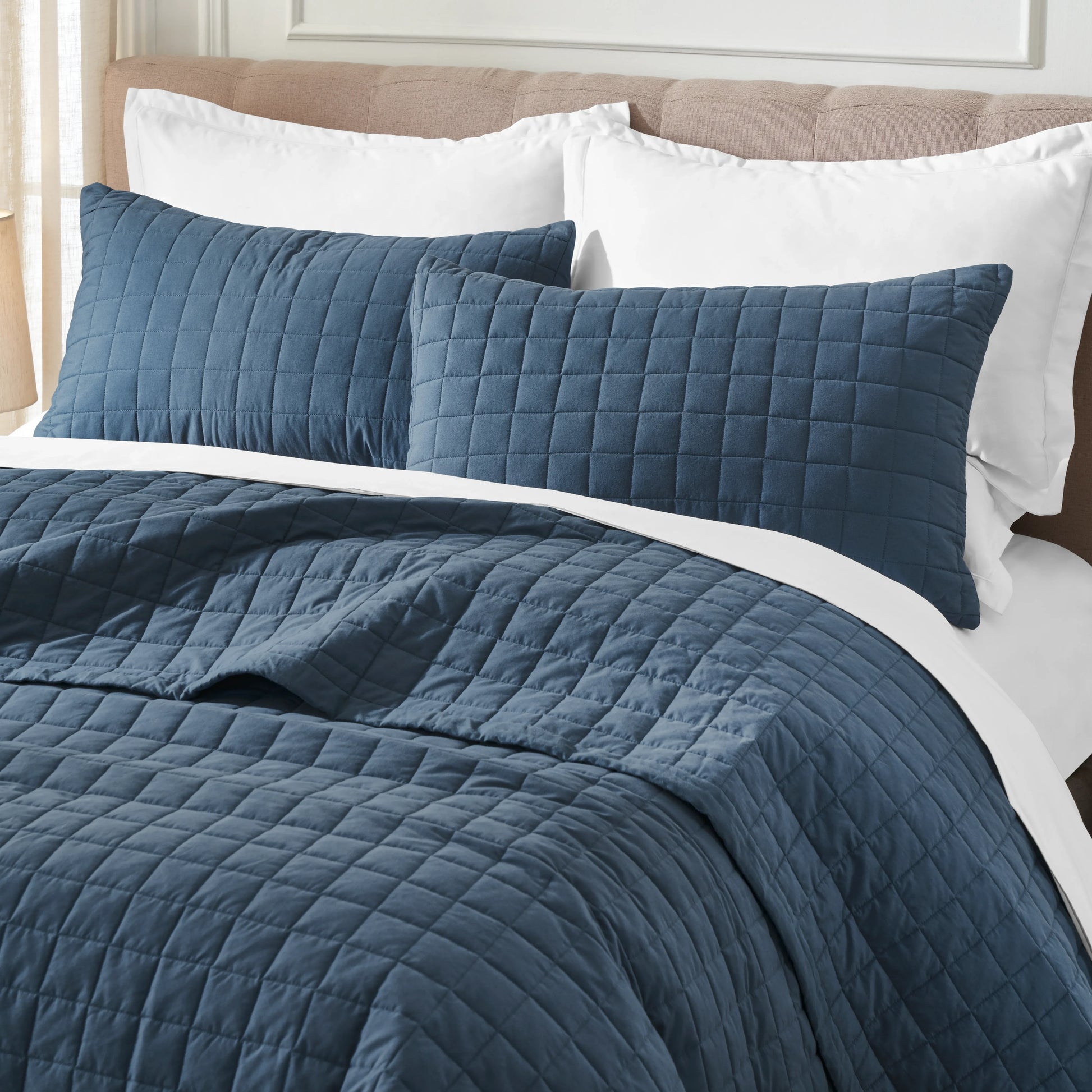 Nuvola | Luxurious Solid Dyed Box Quilted Cotton Bedcover Set Estate Blue