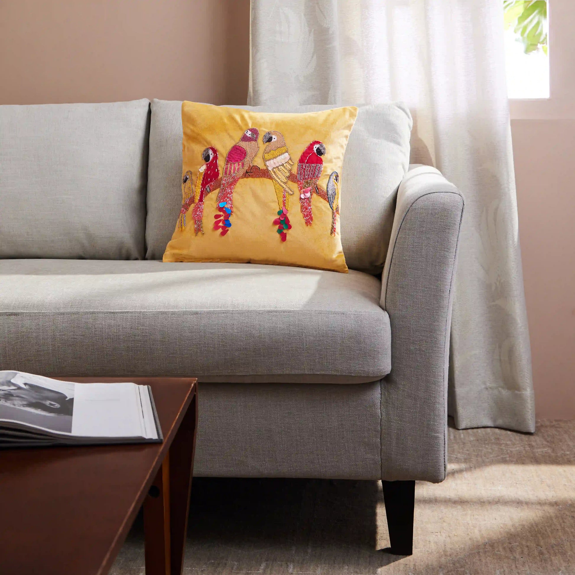 Espricia Embroidered Cushion Cover | Parrot Garden Golden Glow / Cushion Cover (41cm x 41cm)