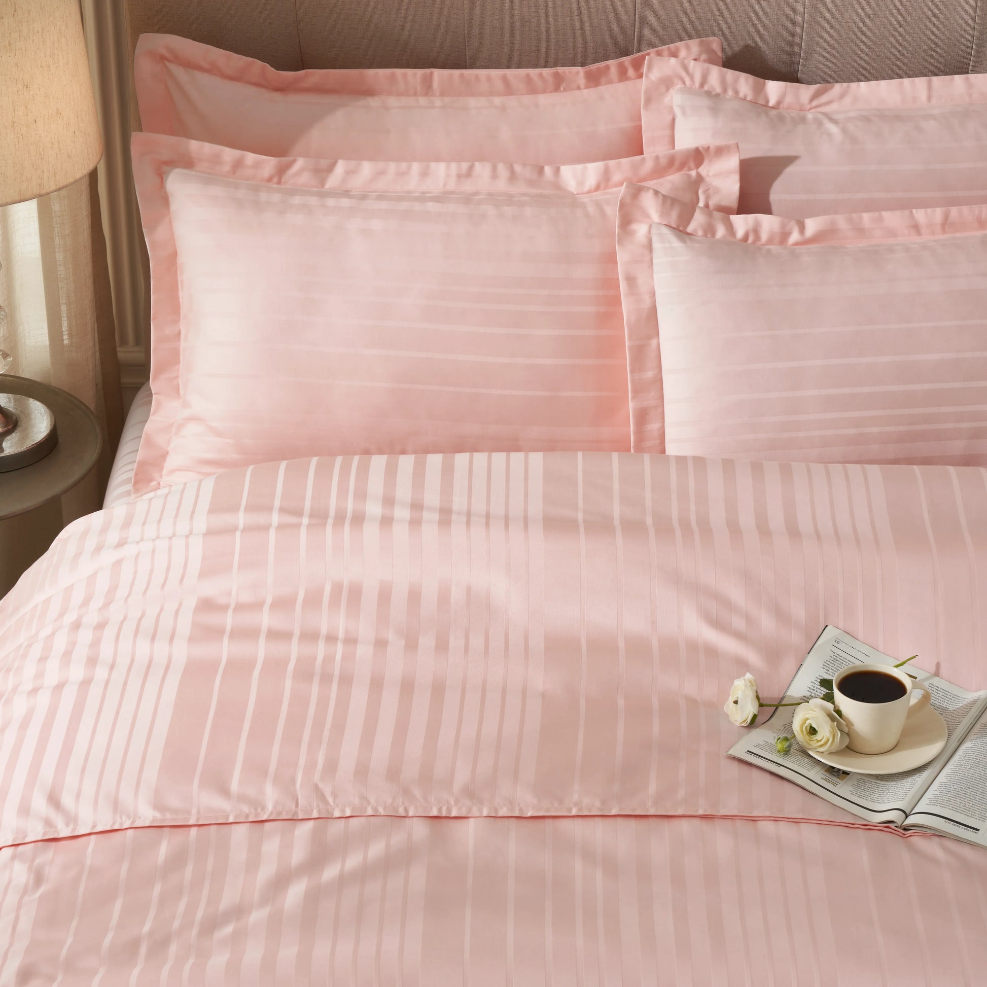 Seraya | 400TC Varigated Stripes Super Soft Fitted Sheet Set Veiled Rose / King