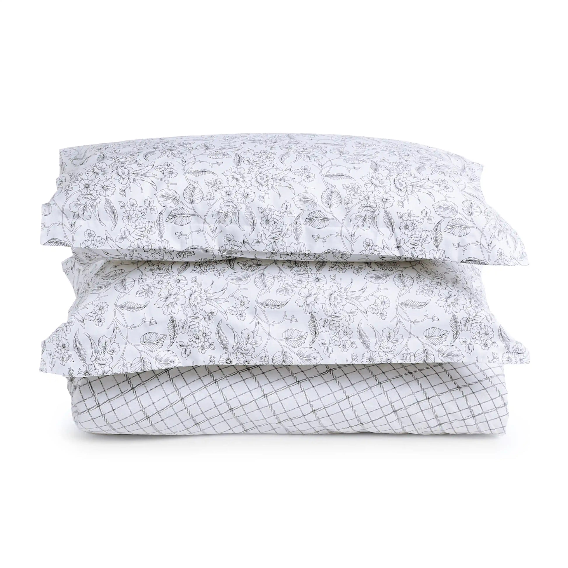 Mishella | Mix & Match Printed Cotton Bedsheet Set - Charcoal Checks Charcoal Checks / King
