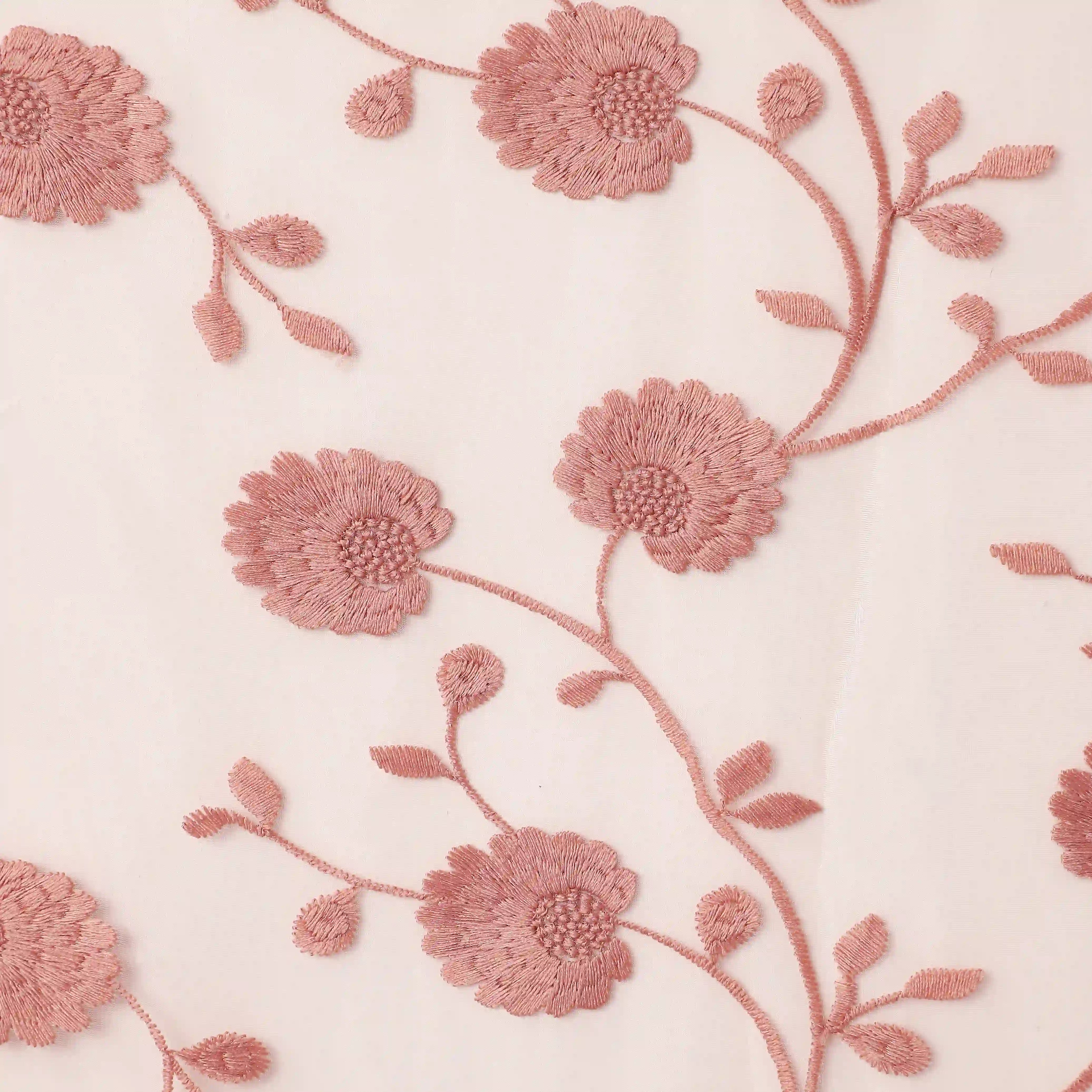 Velina Set Of 2 Embroidered Sheer Readymade Curtains | Vintage Chintz Powder Pink / Door (3.60ft X 7.22ft)
