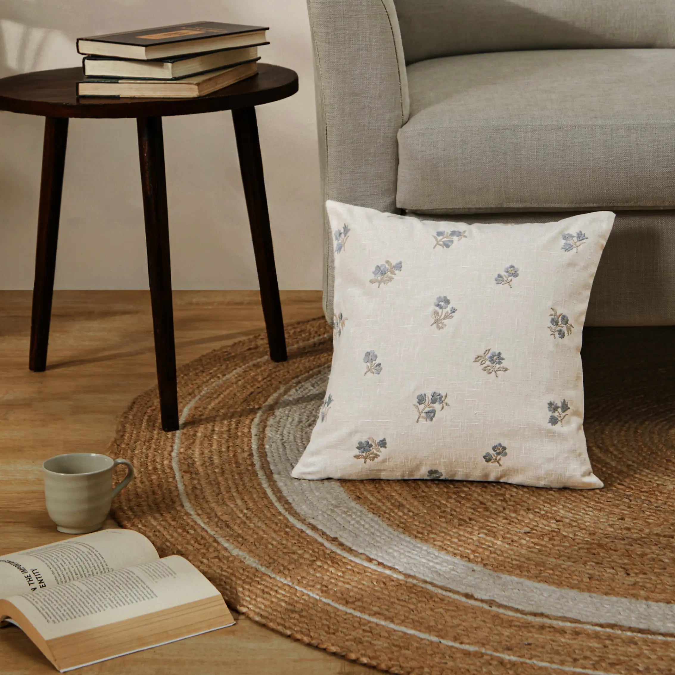 Vissencia Embroidered Cushion Cover | Threaded Petals Aqua Breeze / Cushion Cover (41cm x 41cm)