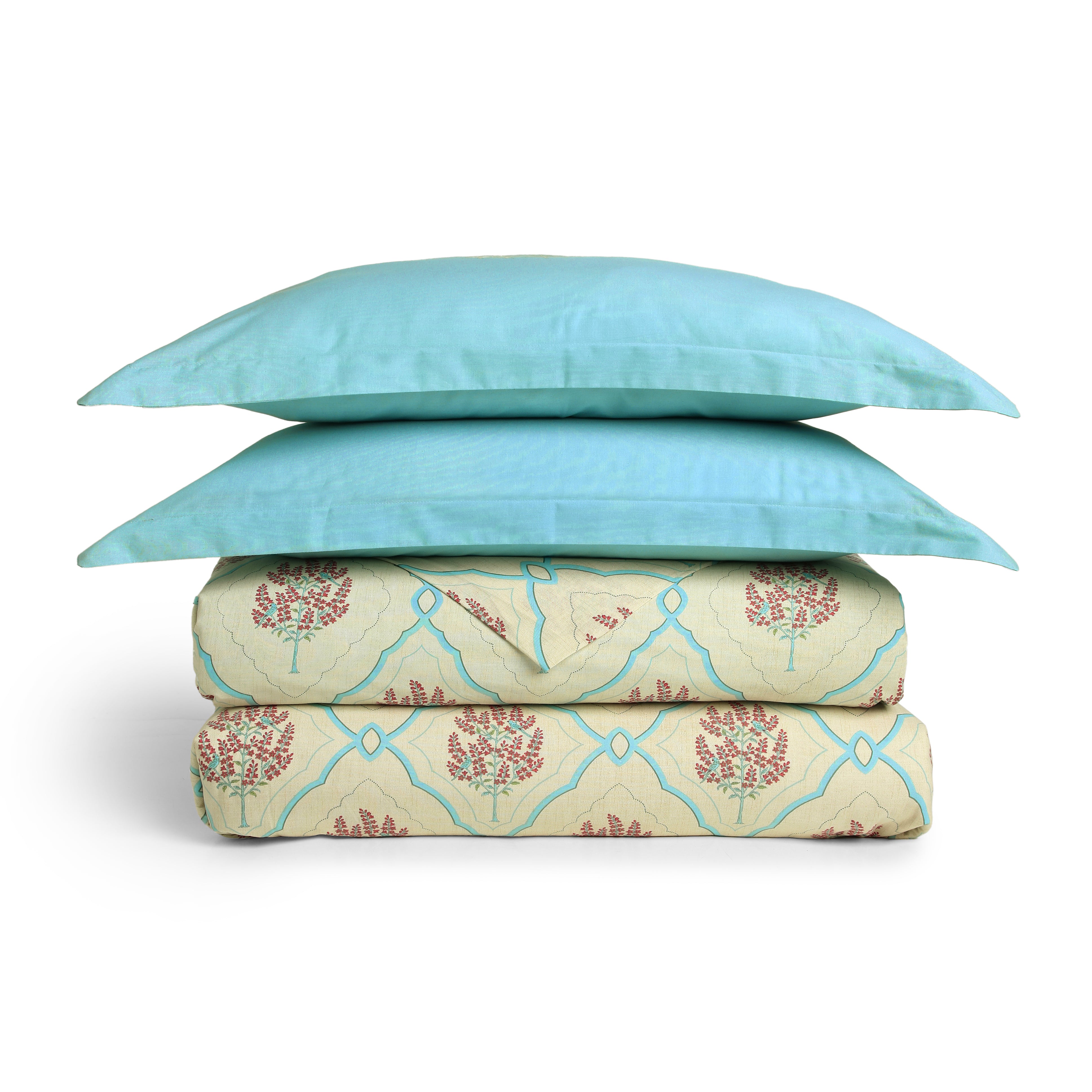 Chippa Lane | Contemporary Indian Print Design Coordinated Bedding Set | Set of Bedsheet & Dohars-Sage Bloom Sage Bloom / Double