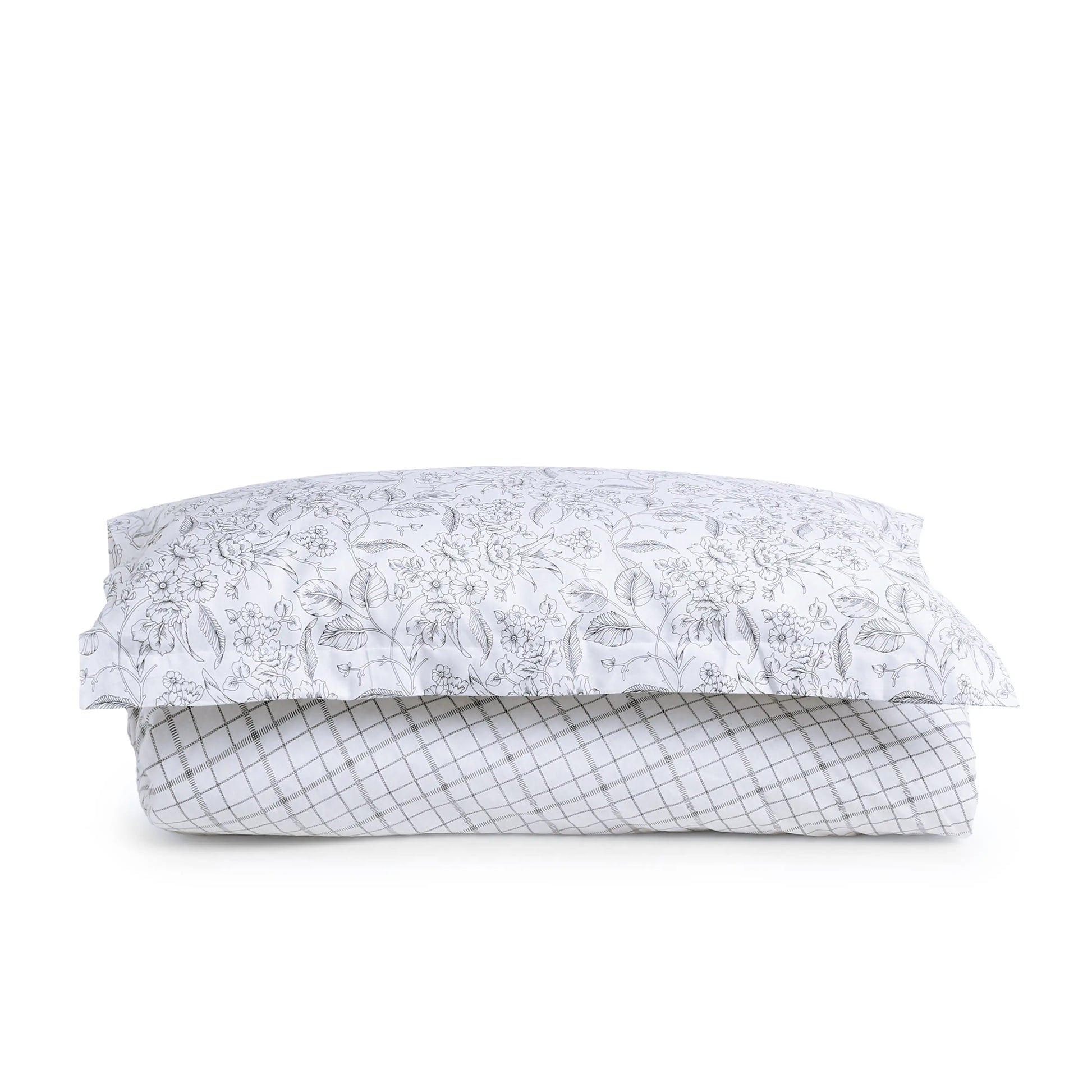 Mishella | Mix & Match Printed Cotton Bedsheet Set - Charcoal Checks Charcoal Checks / Single