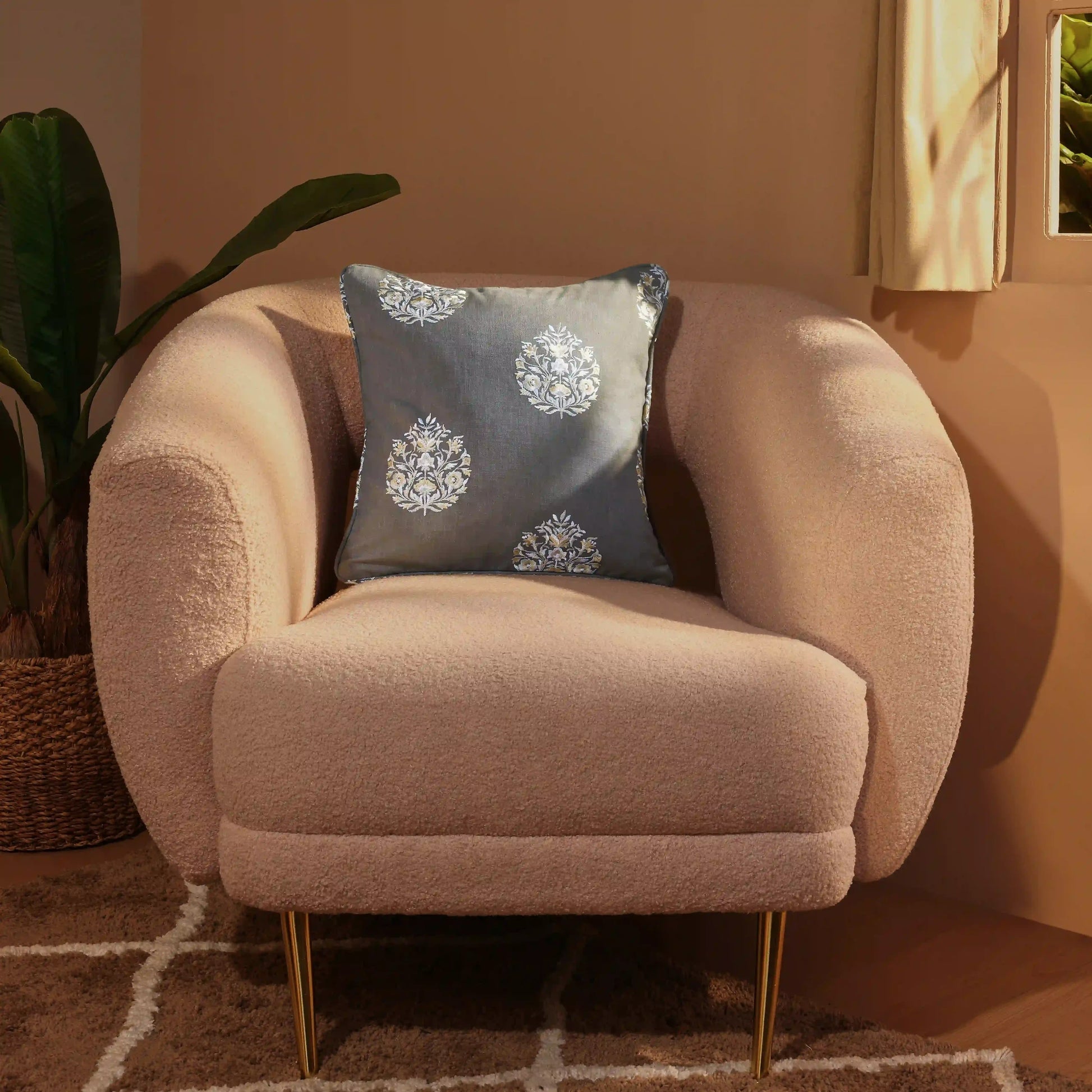 Espricia Embroidered Cushion Cover | Bagh Bahaar Dark Grey / Cushion Cover (41cm x 41cm)