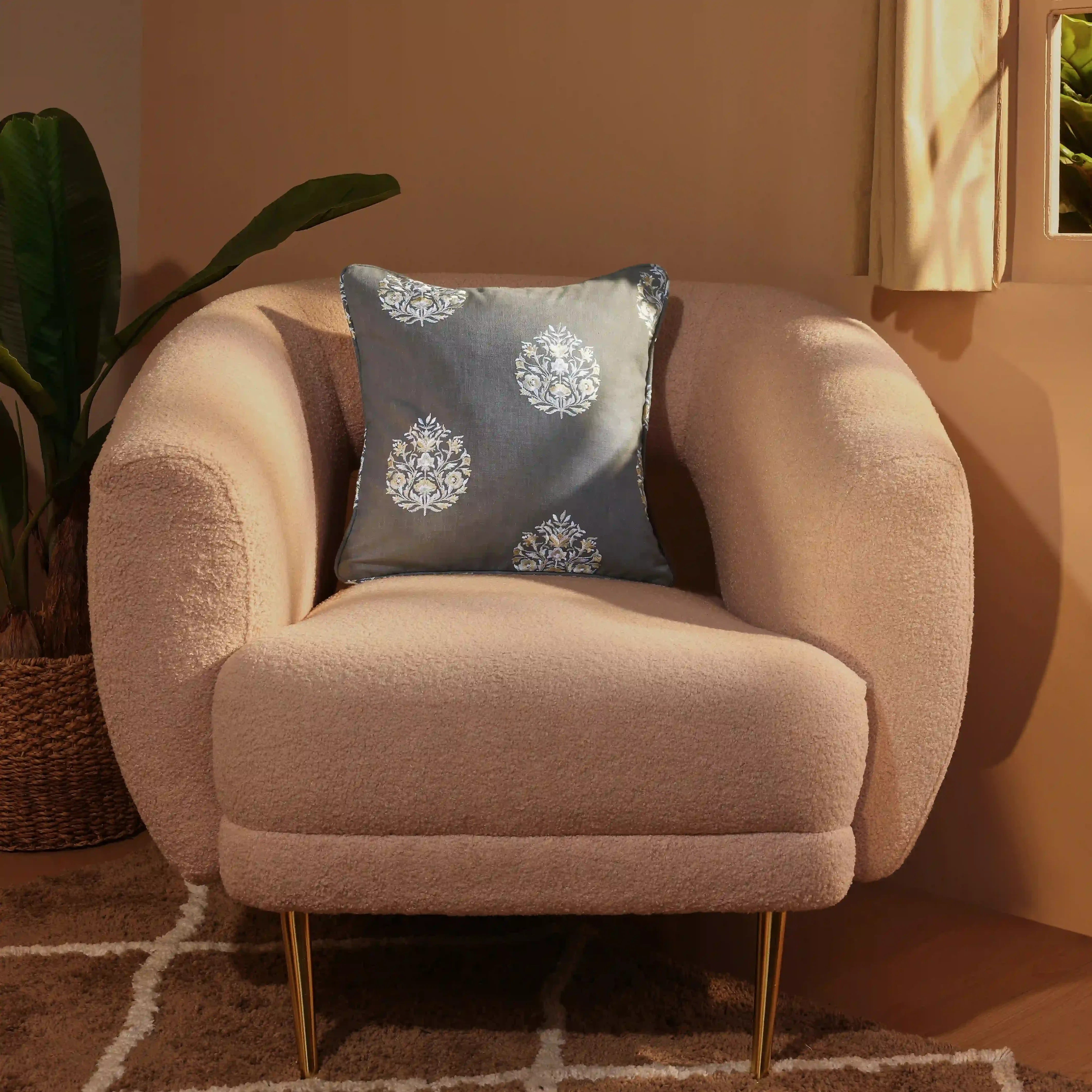 Espricia Embroidered Cushion Cover | Bagh Bahaar Dark Grey / Cushion Cover (41cm x 41cm)
