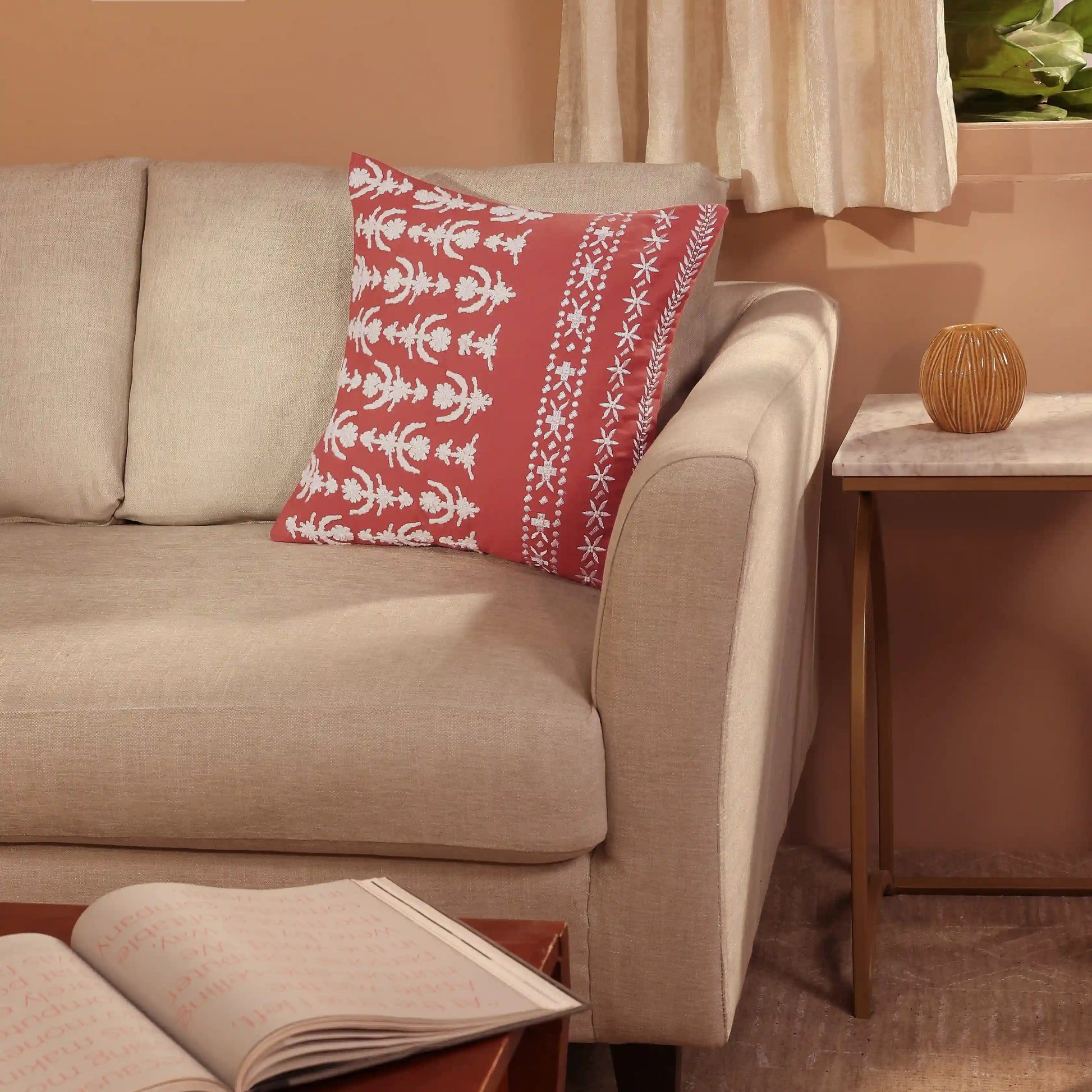 Espricia Embroidered Cushion Cover | Banjara Bloom Cinnamon / Cushion Cover (51cm x 51cm)
