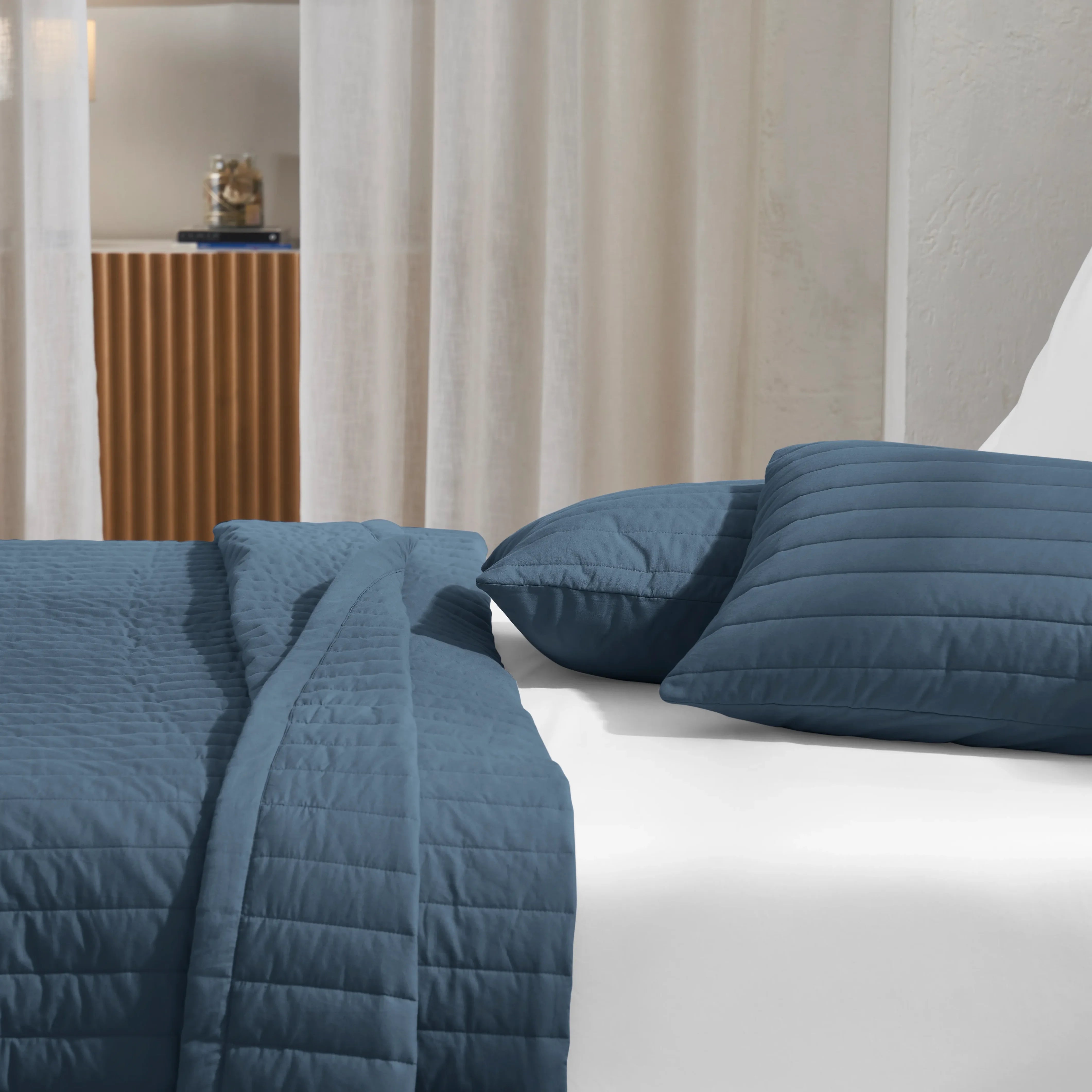 Nuvola | Luxurious Solid Dyed Straight Quilted Cotton Bedcover Set Estate Blue