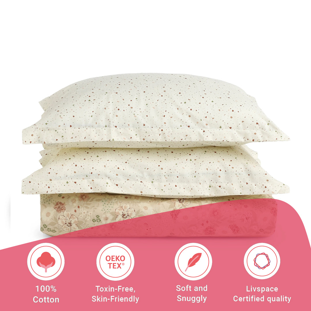 Mishella | Mix & Match Printed Cotton Bedsheet Set - Beige