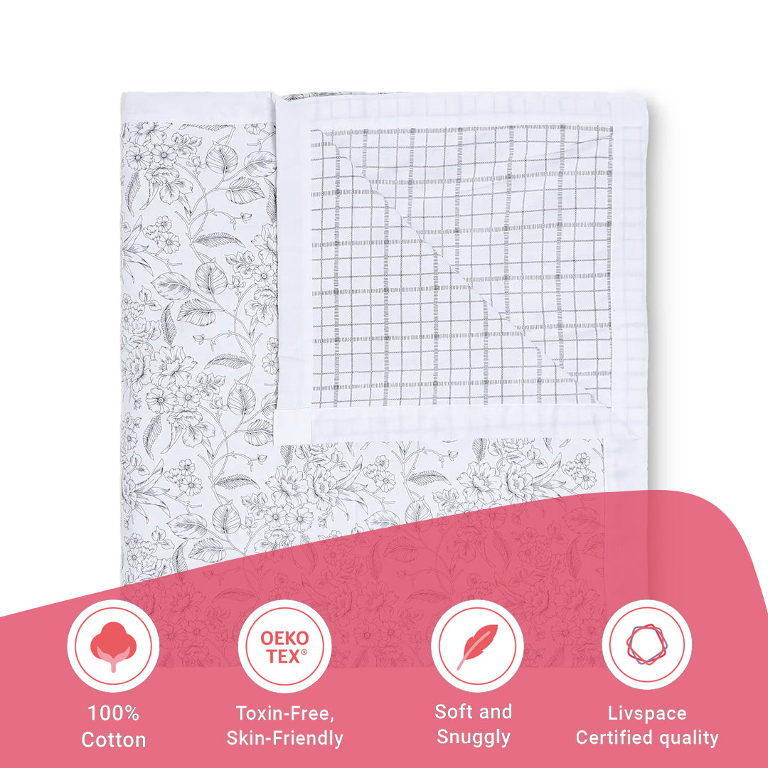 Mishella | Mix & Match Printed Reversible Dohar with Super Soft Flannel Layering - Charcoal Bloom