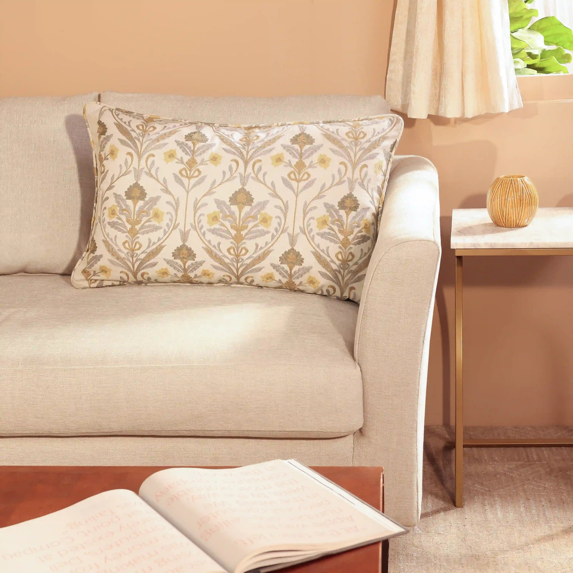 Espricia Embroidered Cushion Cover | Saanjh Baked Sand / Cushion Cover (41cm x 66cm)