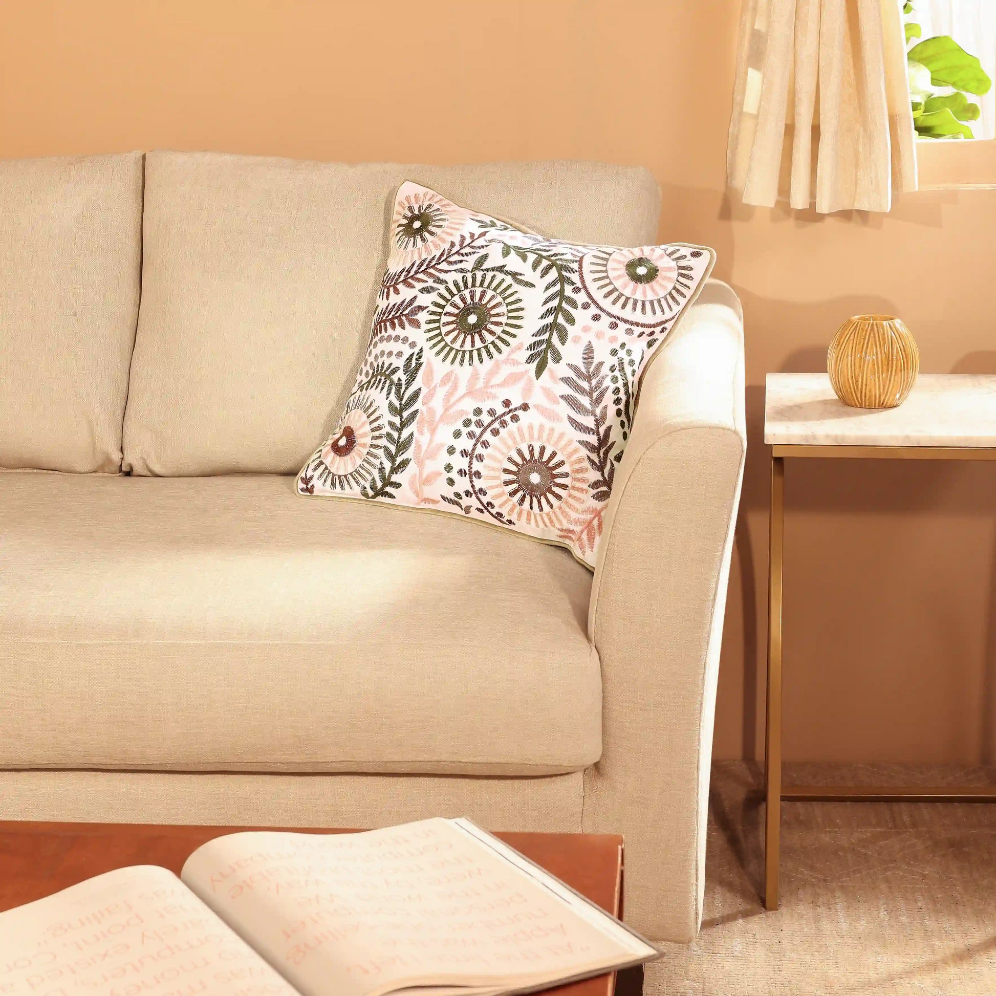 Espricia Embroidered Cushion Cover | Floral Mirage Vintage Moss / Cushion Cover (51cm x 51cm)