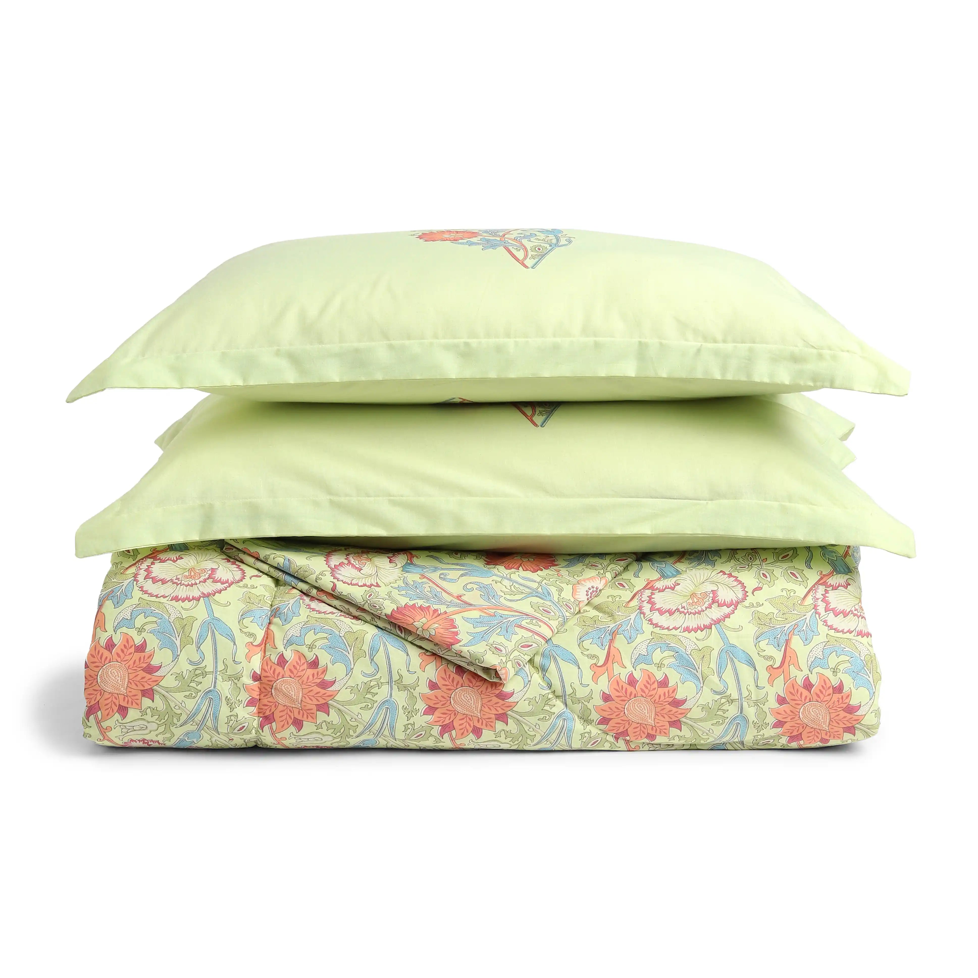 Chippa Lane | Contemporary Indian Print Design Coordinated Bedding Set | Set of Bedsheet & Comforter-Green Green / Double
