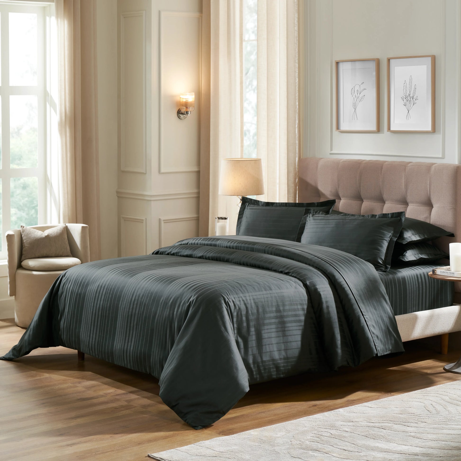 Seraya | 400TC Varigated Stripes Super Soft Fitted Sheet Set Dark Grey / King