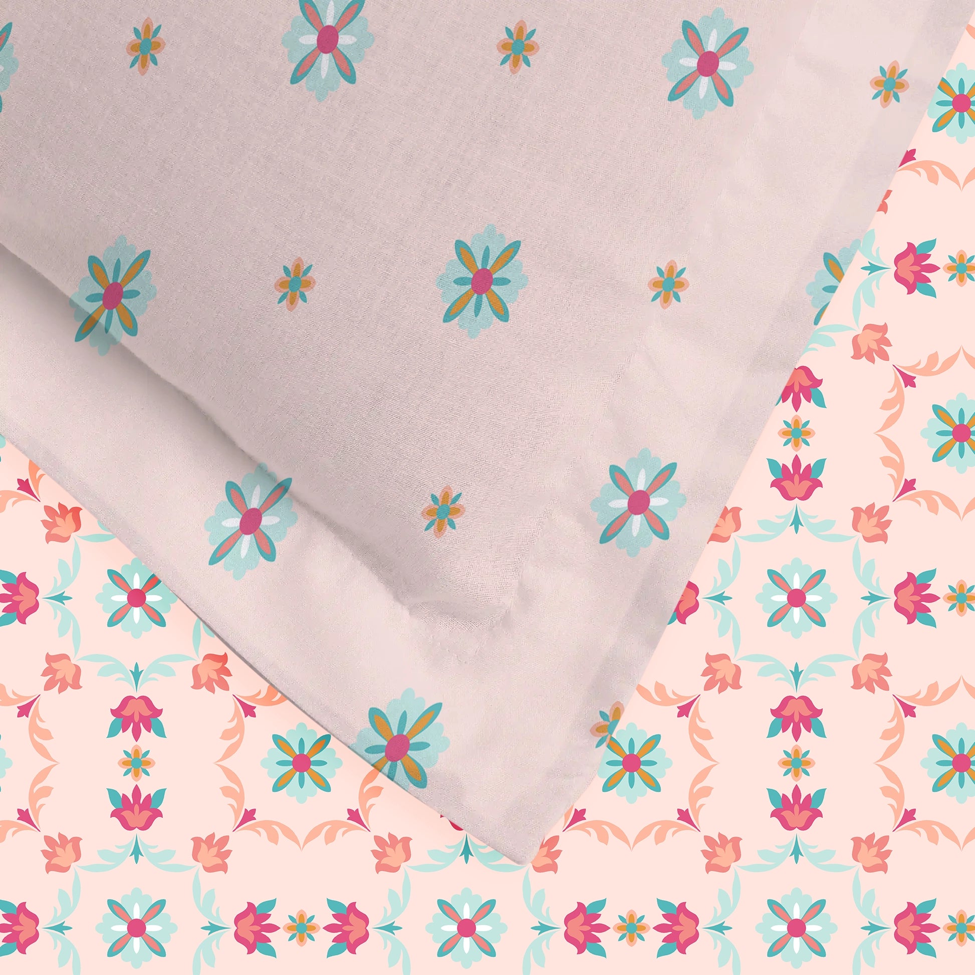 Aangan Weaves | Romantic Floral Printed Cotton Bedsheet Set - Blush Pink Blush Pink / Queen